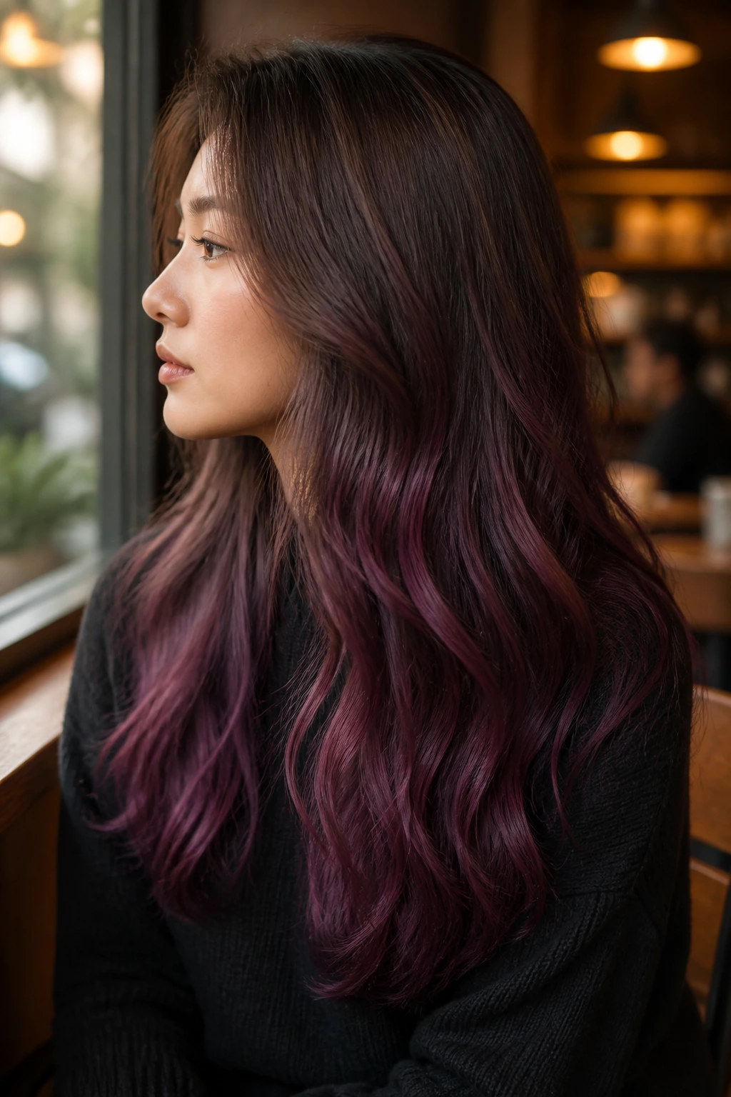 Side-profile of a real woman with soft brown to burgundy-purple ombre in warm light.