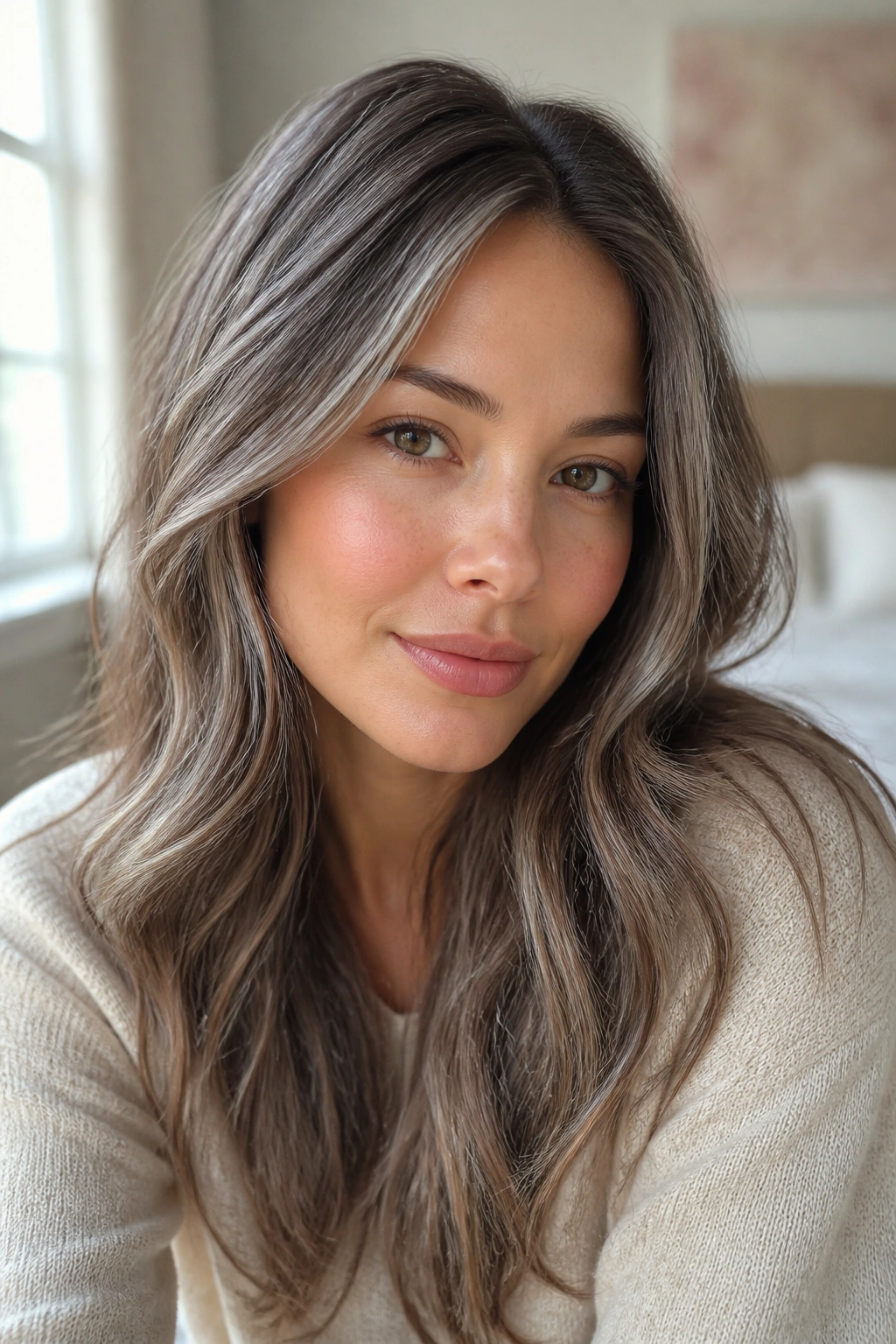 Close-up of a real person with soft brown hair and iridescent silver micro-babylights