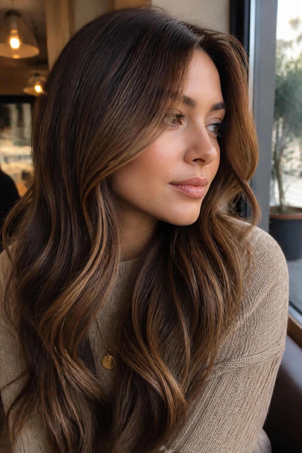 Close-up of soft brown ombre with dimensional lowlights on a real woman in a cafe setting