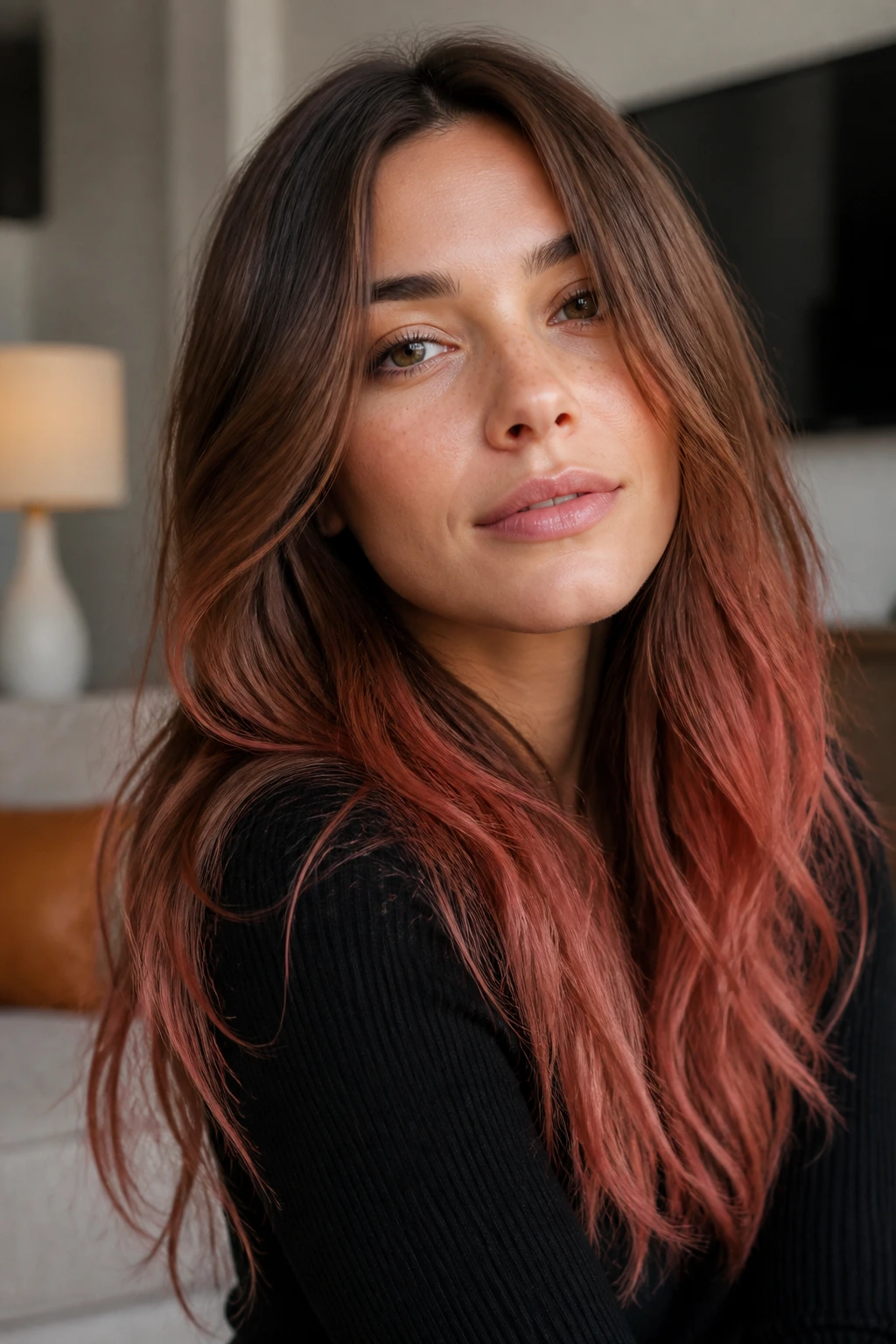 Close-up of long hair with soft brown base and strawberry red tips on a real person