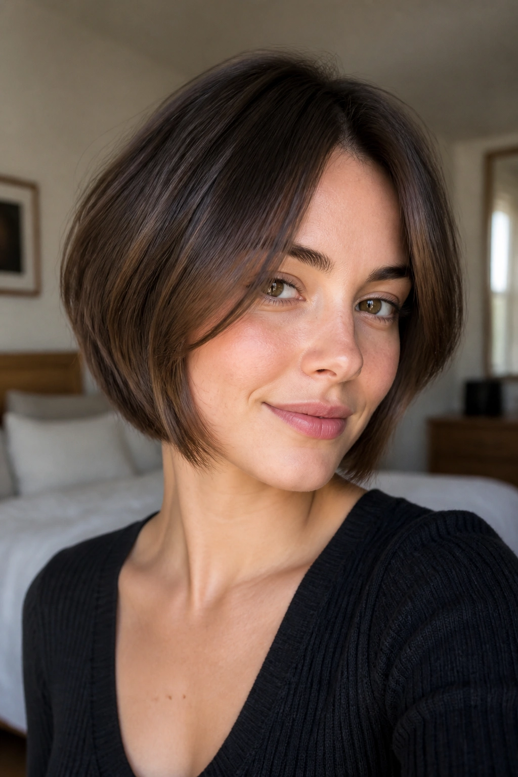 Close-up of a real woman with a soft brunette bob and face-framing pieces in natural window light.