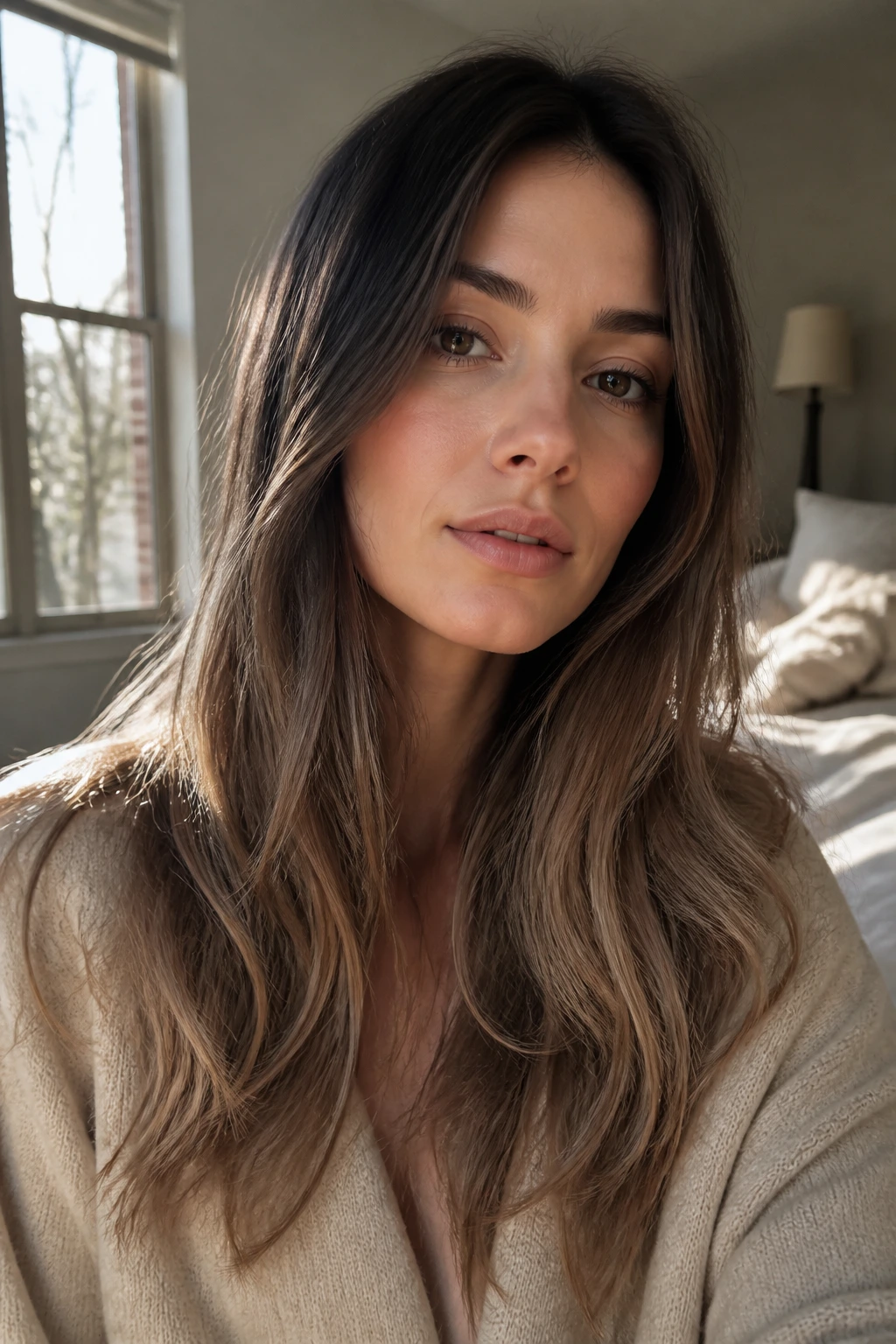 Close-up portrait of a real person with a soft brunette ombré showing deep roots and lighter ends.