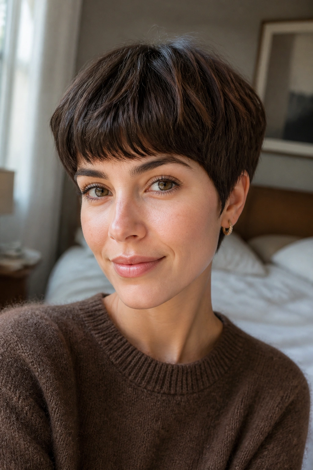 Close-up portrait of a real woman wearing Soft Brunette Bowl Pixie with rounded perimeter.