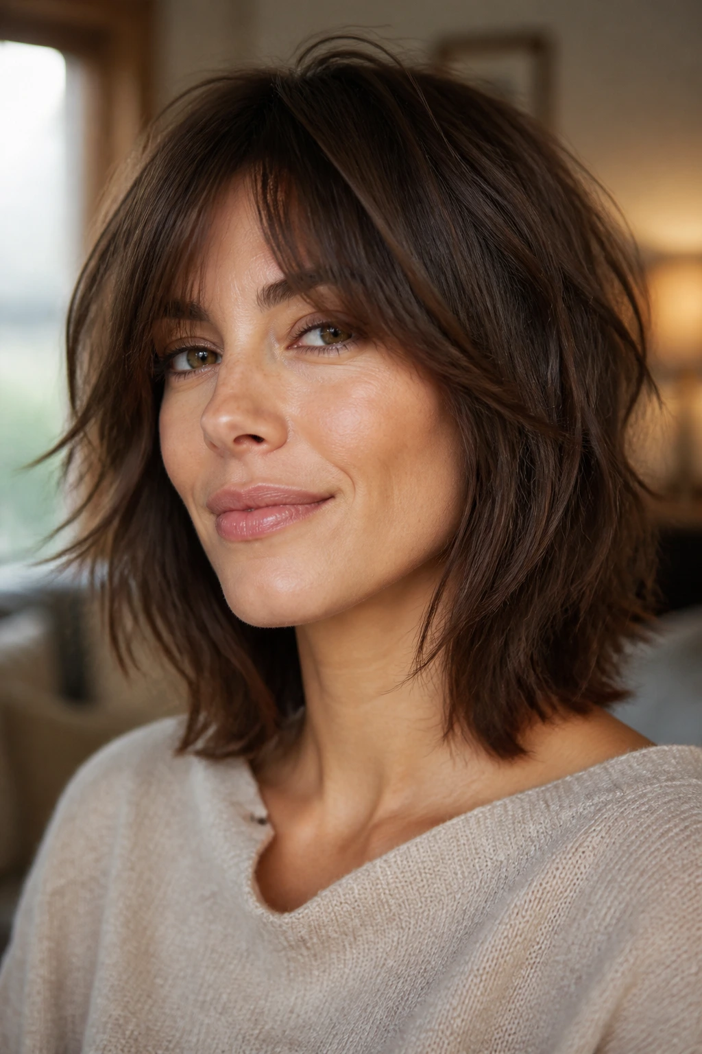 Close-up of brunette woman with soft shag for fine hair