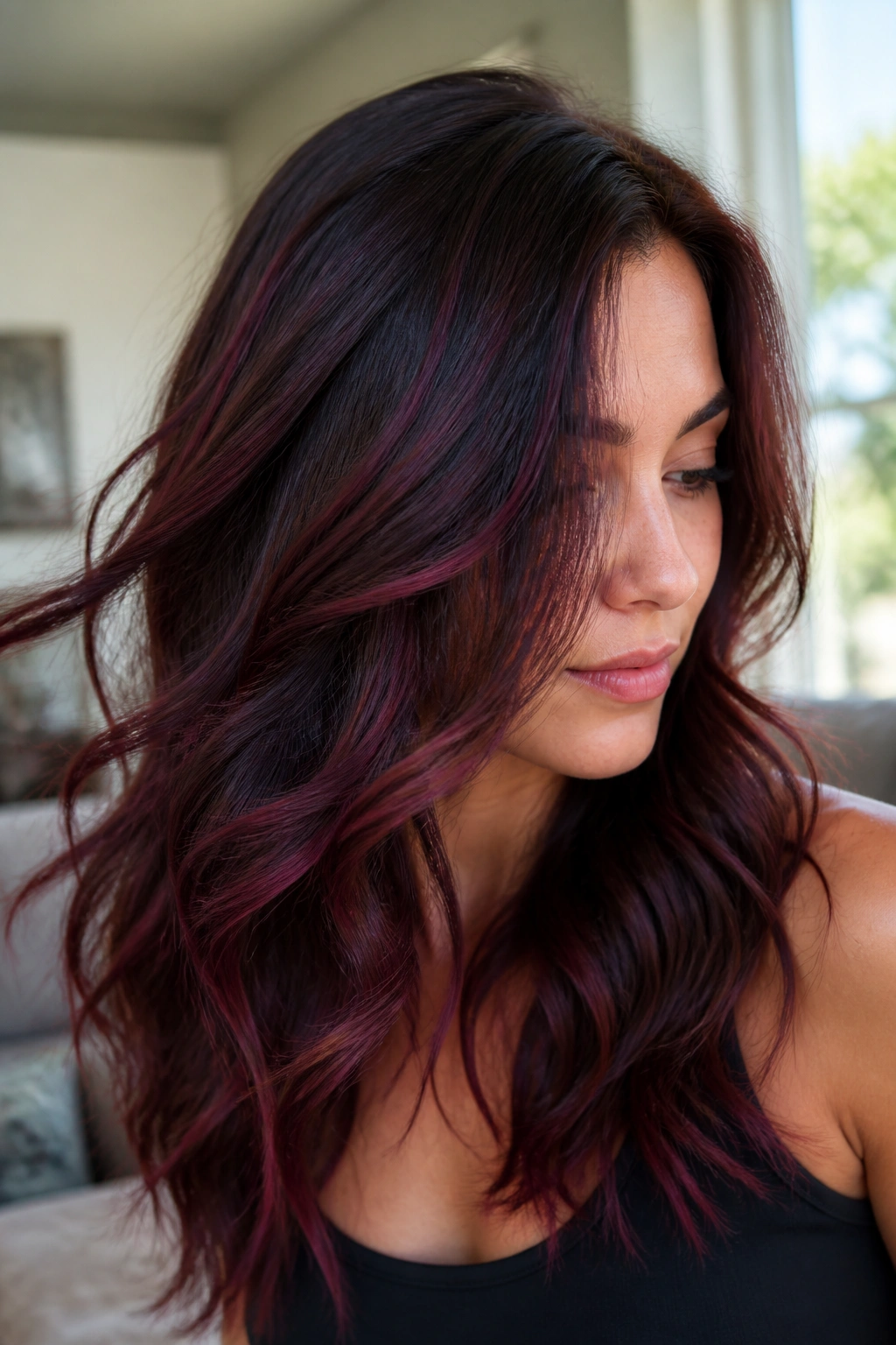 Close-up of a real woman with burgundy balayage ribbons through brunette hair in sunlight