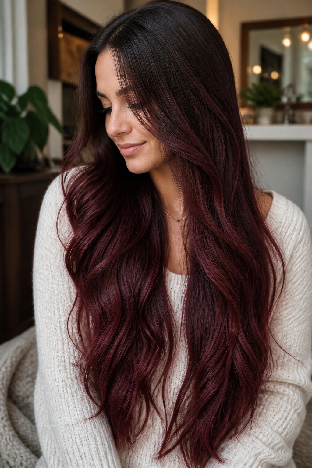 Woman with soft burgundy ombre melt on long waist-length hair