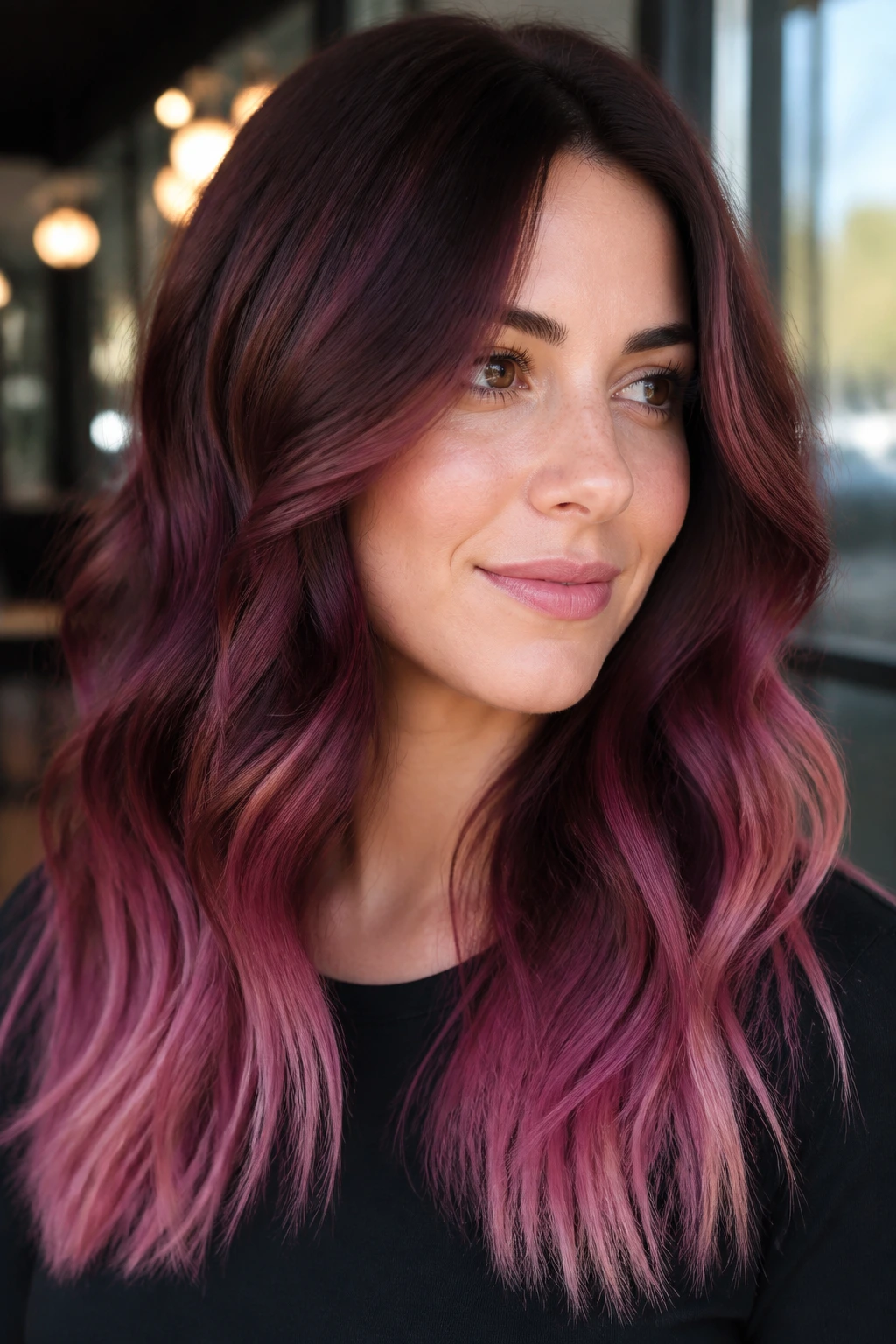 Close-up portrait showing a soft burgundy sombre melt on brunette hair