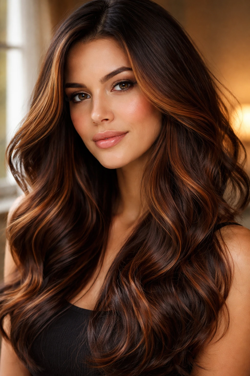 Close-up of a woman with soft burnt orange highlights on dark brown hair in warm bedroom light