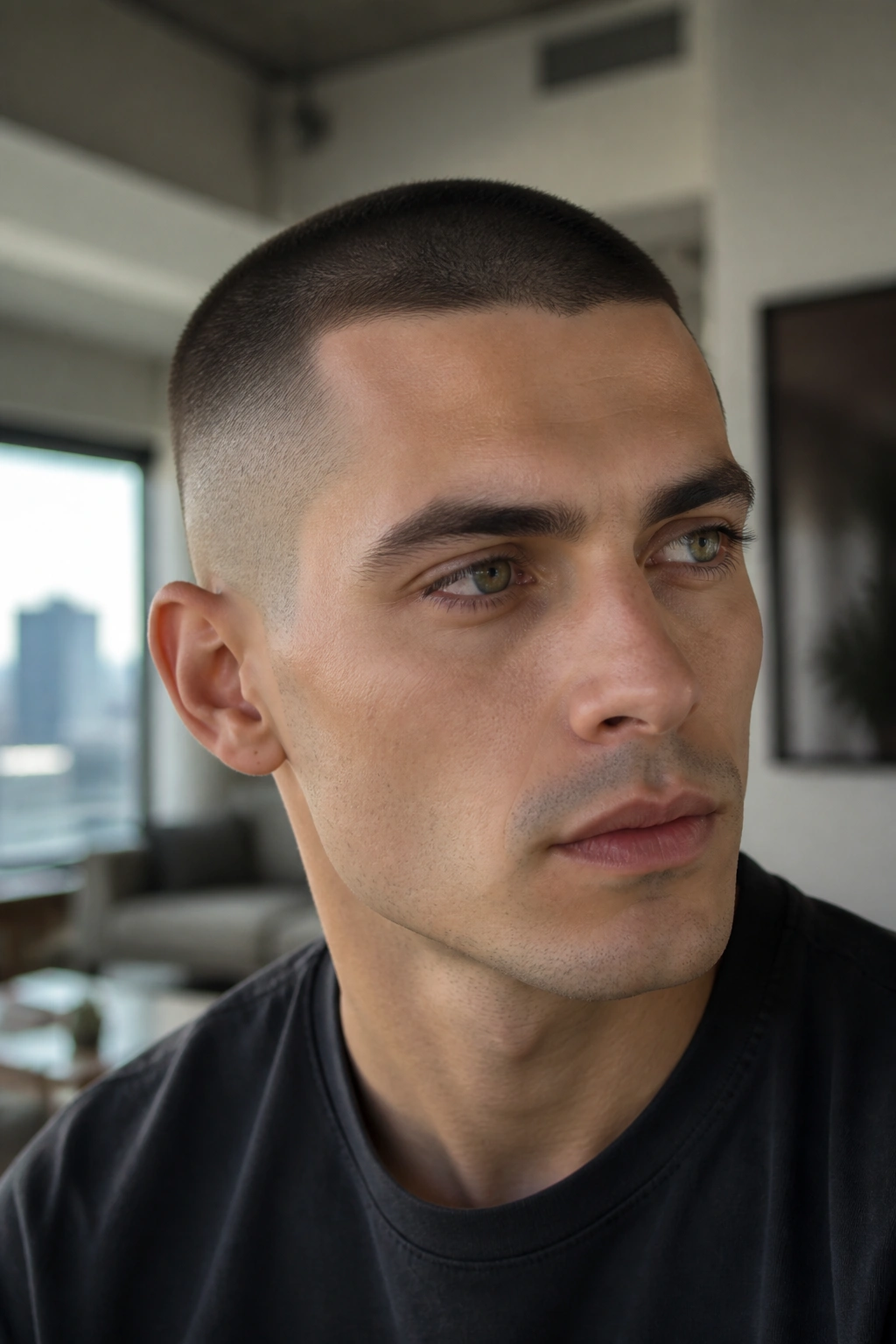 Portrait of a real person with a soft buzz cut in soft daylight
