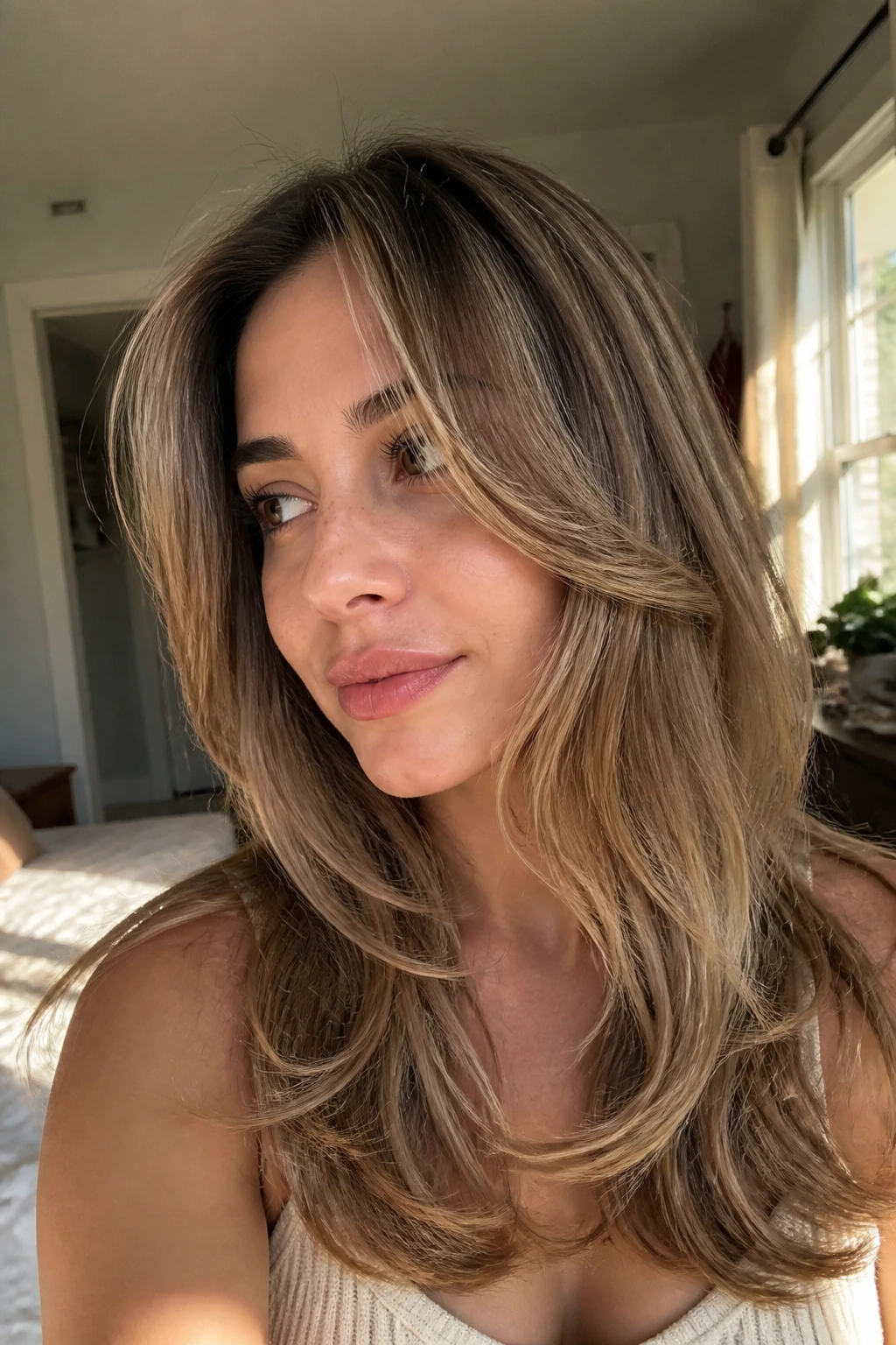 Close-up portrait of a real woman showing soft C-shaped layers framing the face in warm natural light
