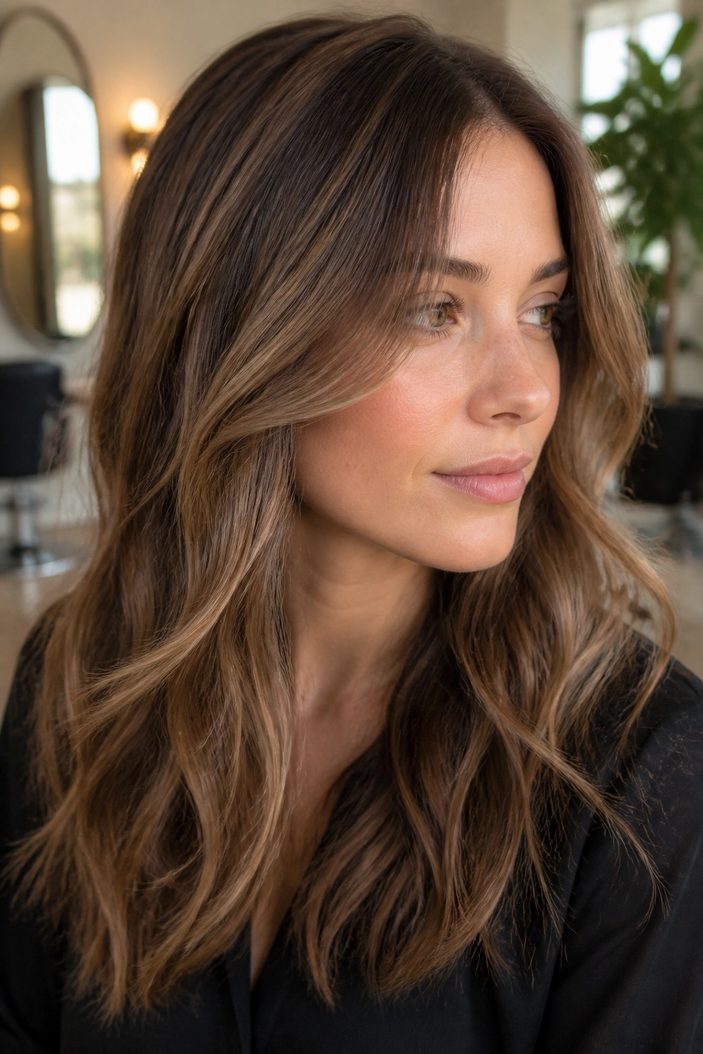 Close-up of a real woman with soft caramel babylights on brown hair