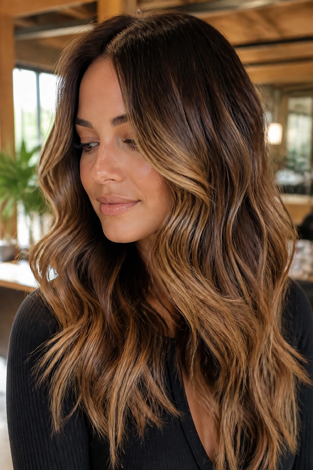 Close-up of a real woman with soft caramel balayage in loose waves under warm salon lighting