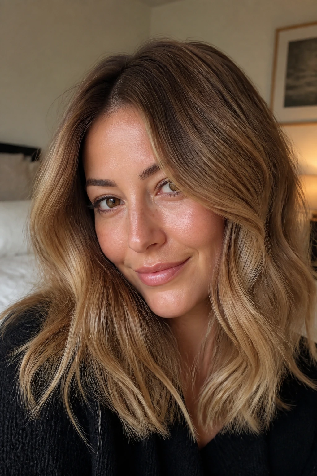 Close-up portrait of a real woman with soft caramel root melt and gentle waves