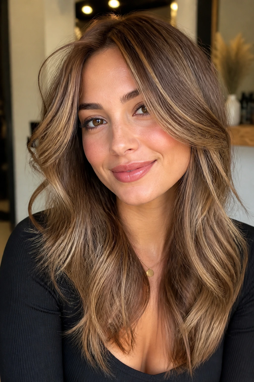 Close-up of fine hair with soft caramel dimension on a round-faced person