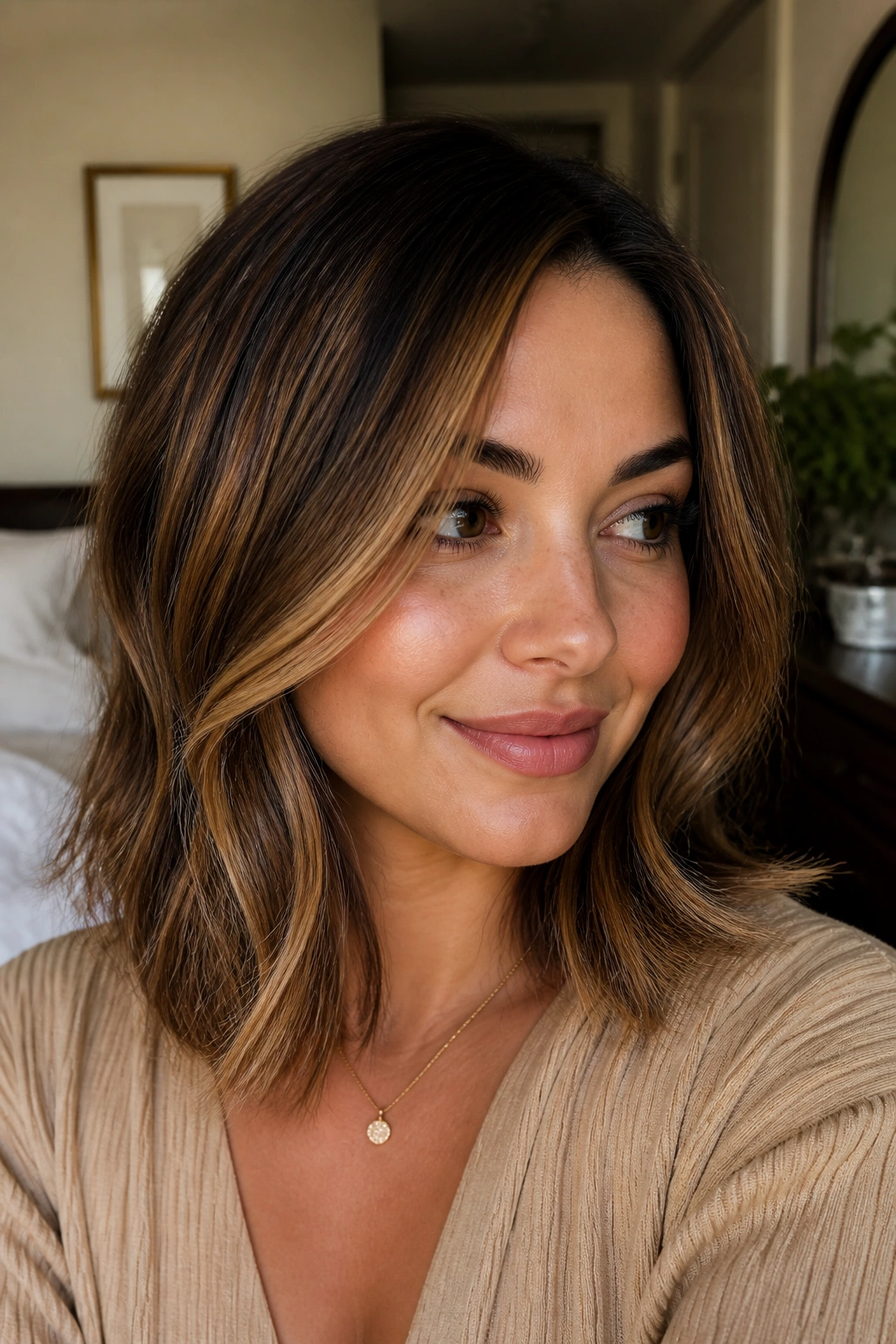 Close-up of a woman with soft brown caramel highlights framing a round face and shoulder-length hair.
