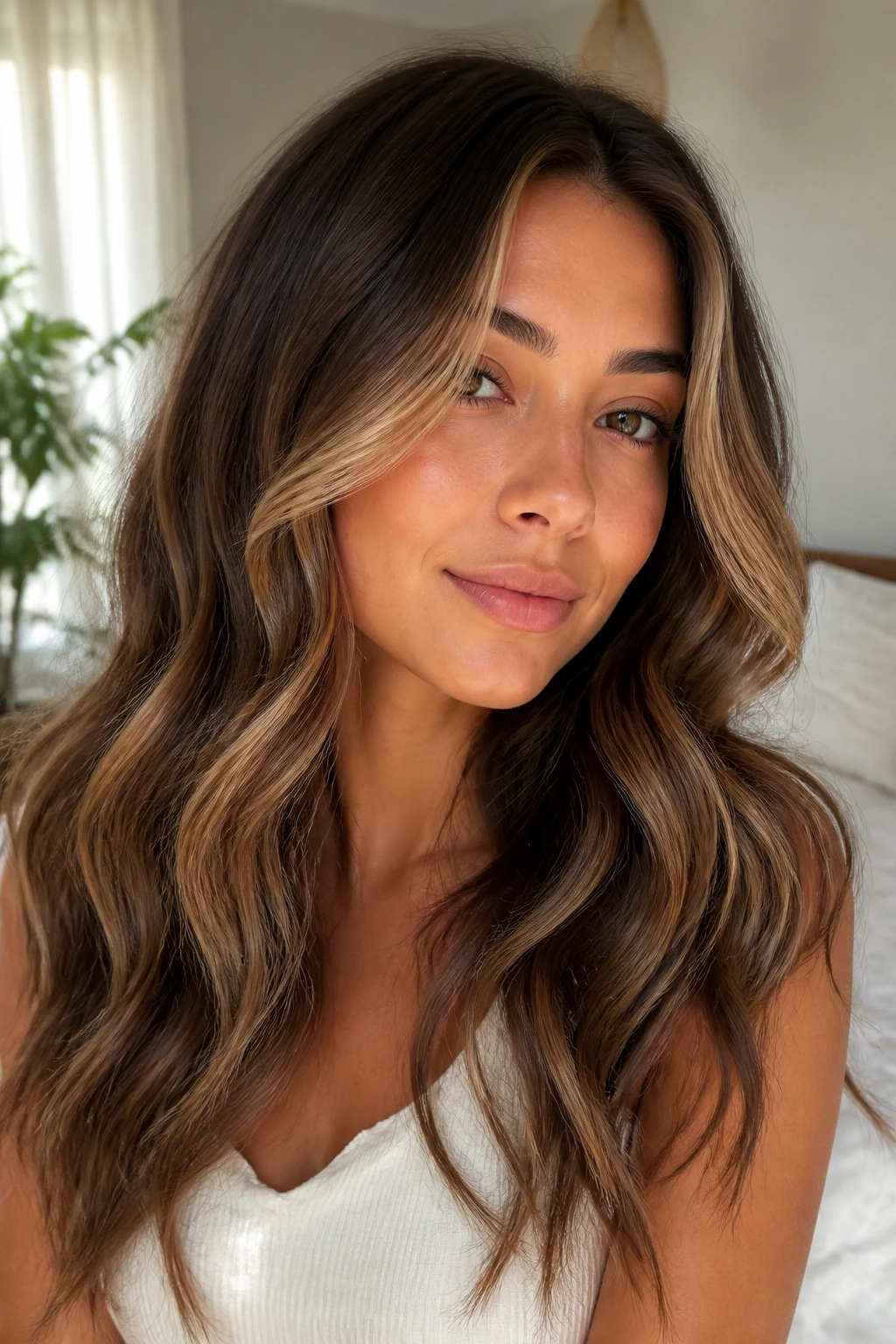Close-up of brunette with a soft caramel front highlight framing the cheekbone in a sunlit bedroom