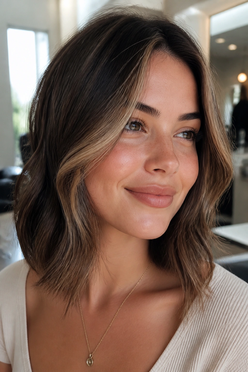Close-up of a woman showing a soft creamy caramel money piece blended with cool brunette.