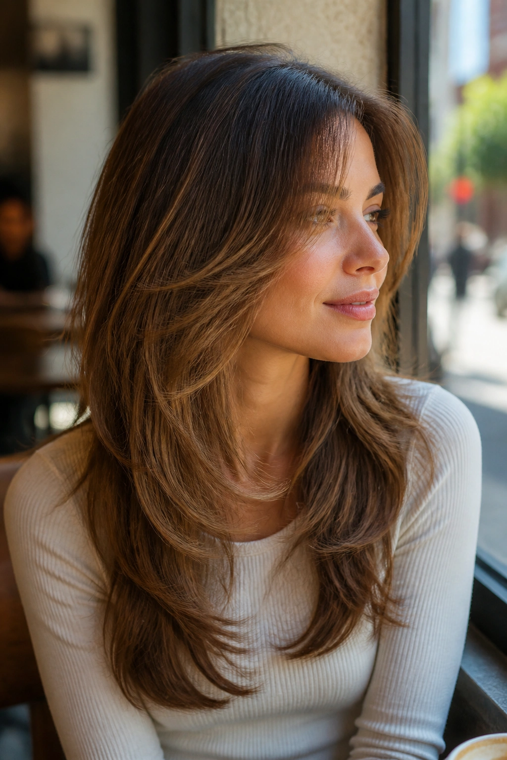 Close-up portrait of a real woman with a soft cascade haircut and airy ends in a sunlit cafe setting