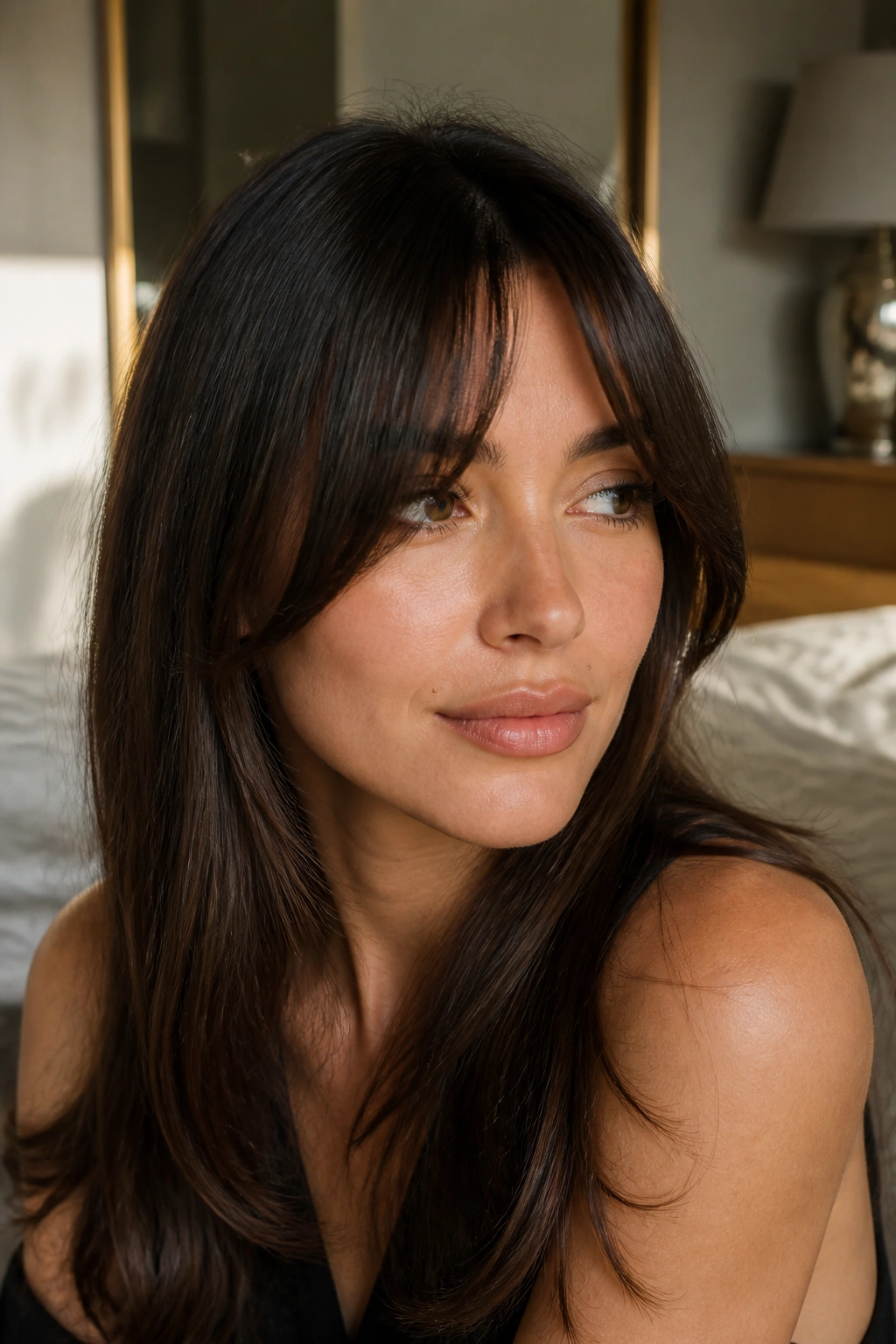 Close-up of a real woman with soft center-part French bangs framing the brow in warm window light