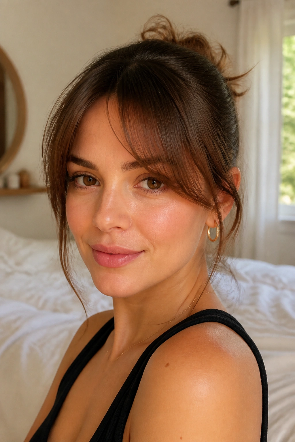 Close-up of a real woman with soft center-part bangs framing the brow.