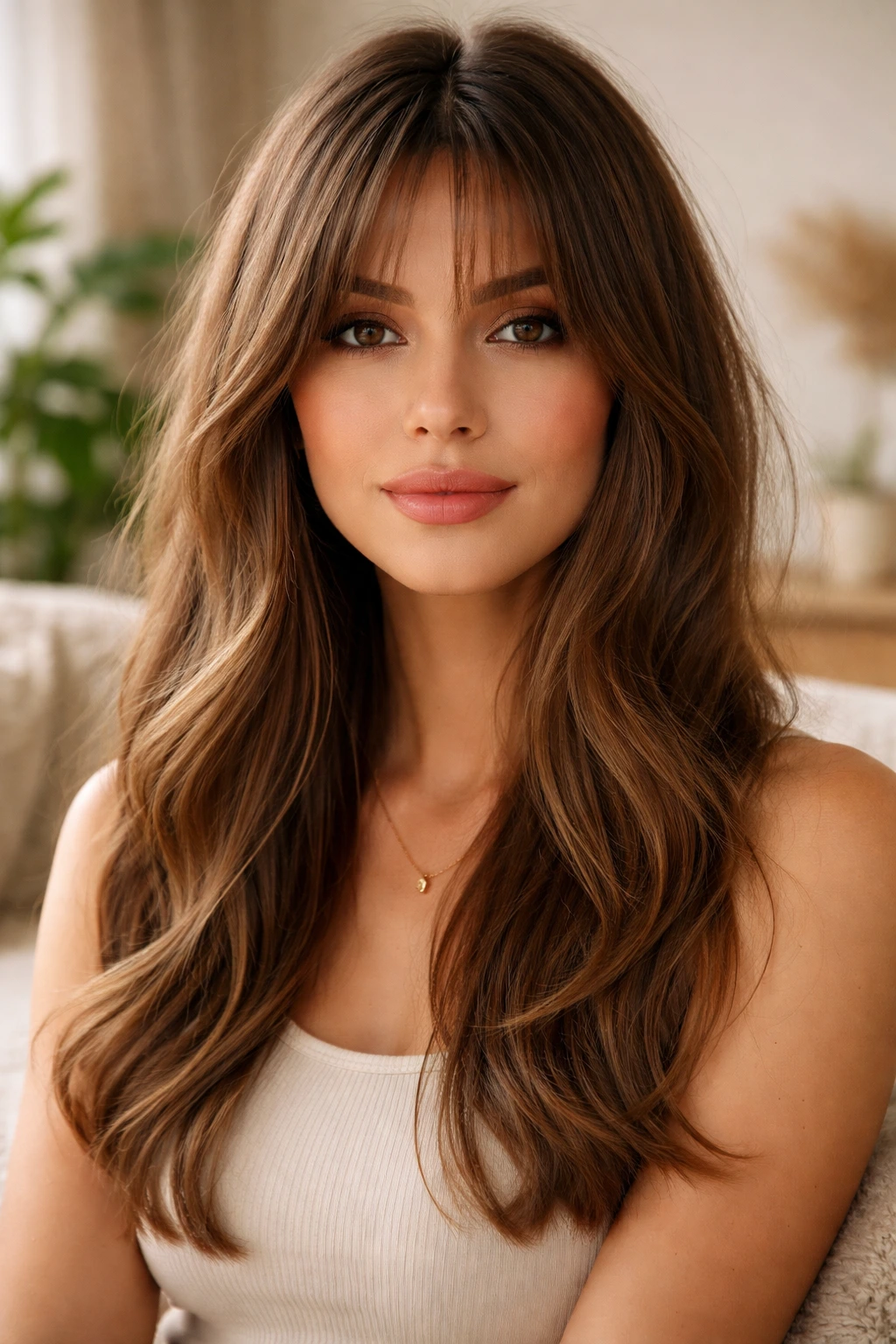 Real woman with soft center-part fringe in sunlit bedroom