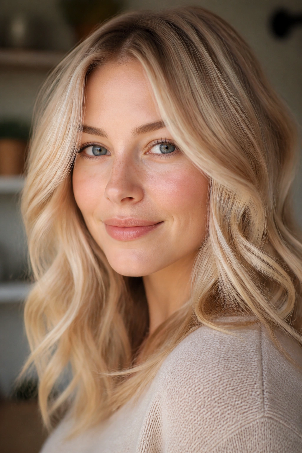 Close-up portrait of a fair-skinned woman with soft champagne blonde hair in warm window light