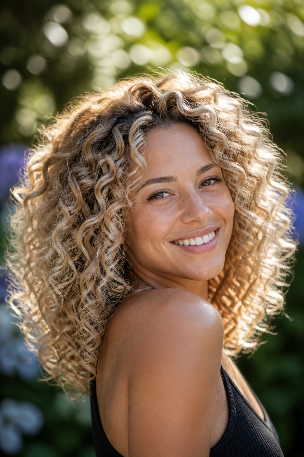 Close-up portrait of a real woman with soft champagne on curly hair.