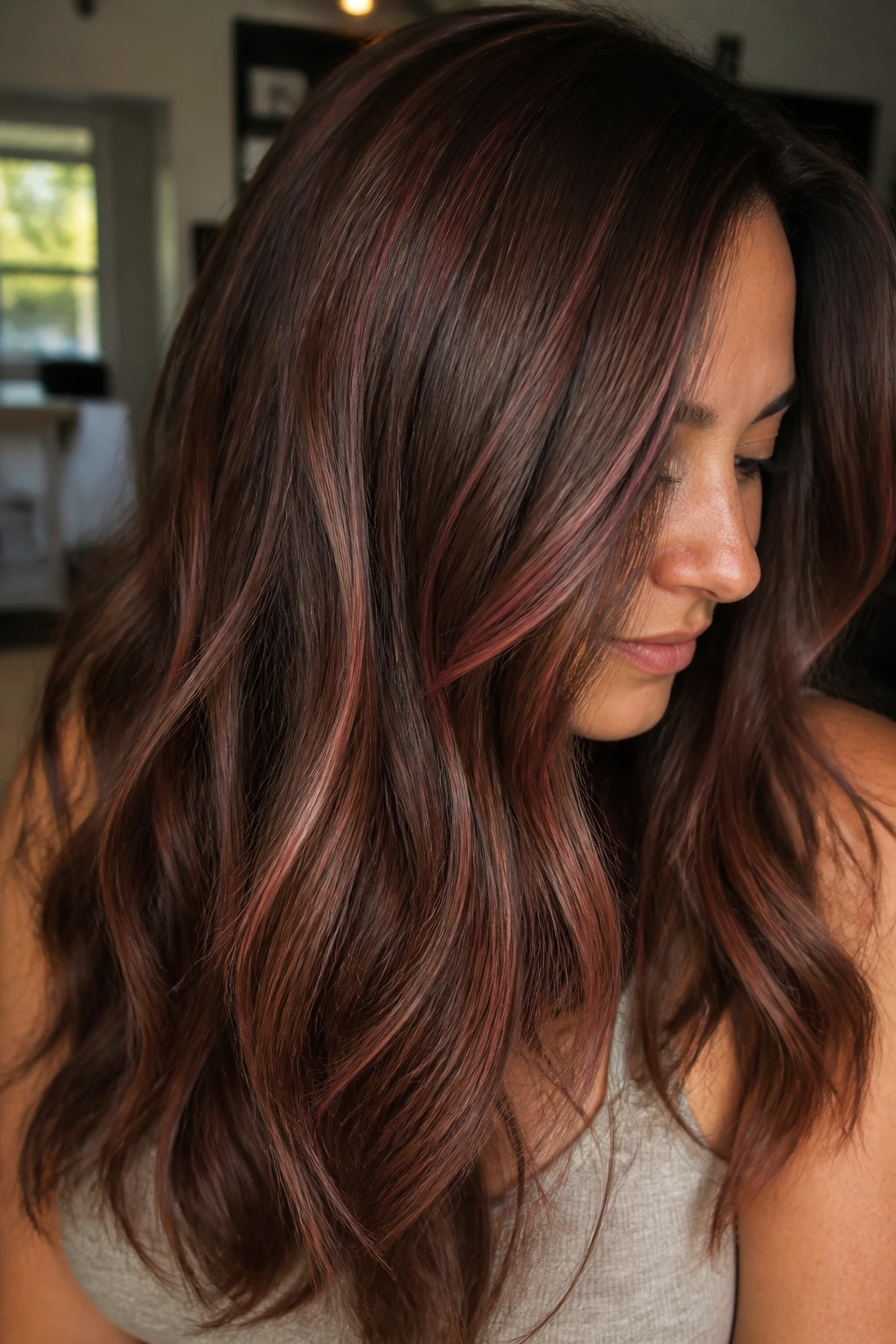 Close-up of a real person with soft cherry babylights on medium brown hair