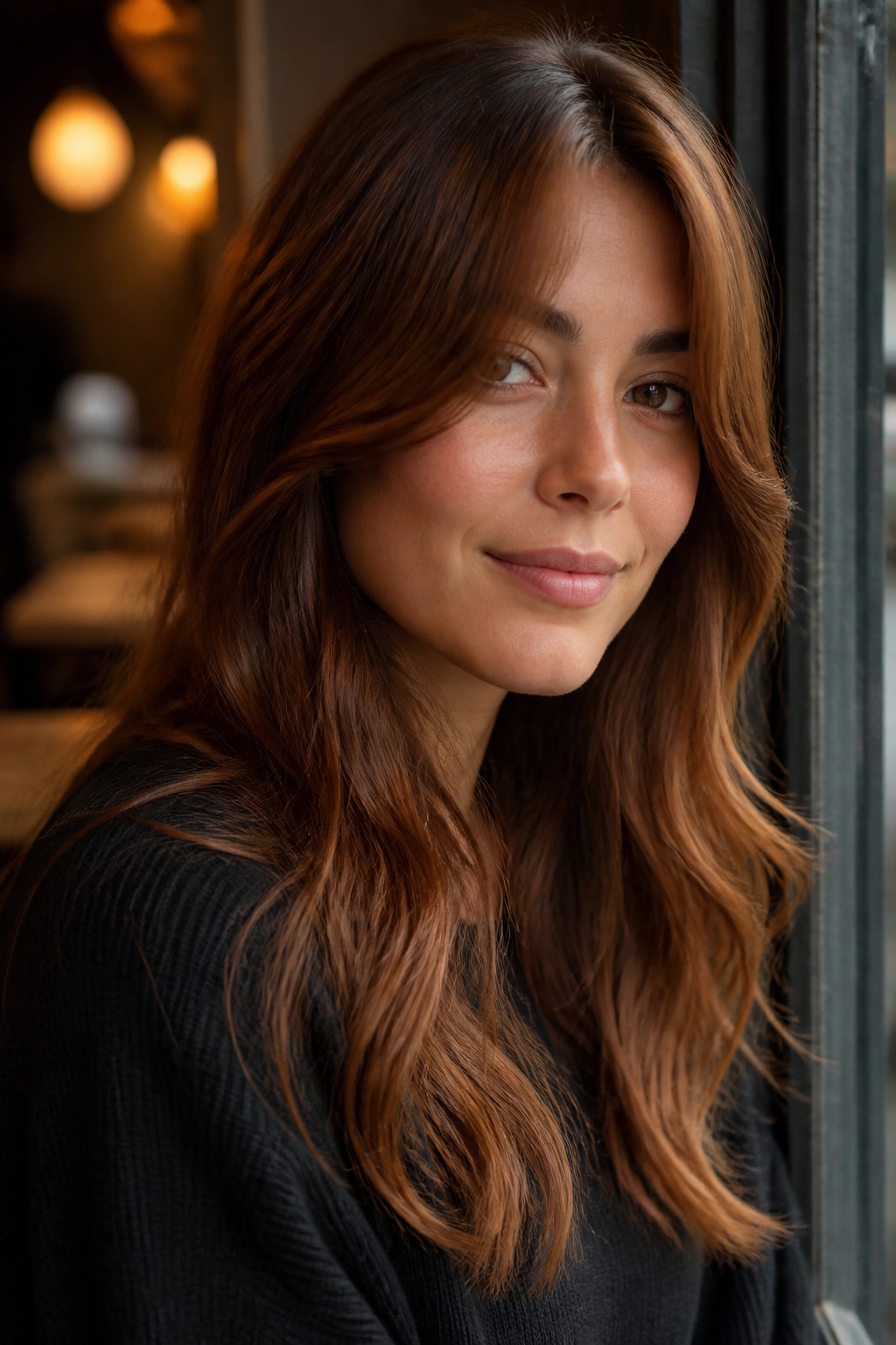 Close-up of a real woman with soft chestnut brown hair catching warm light
