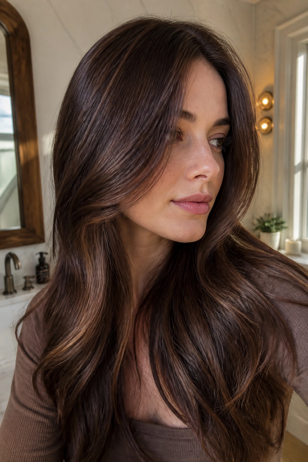 Close-up of a woman with soft chestnut gloss on medium brown hair and cool skin tone