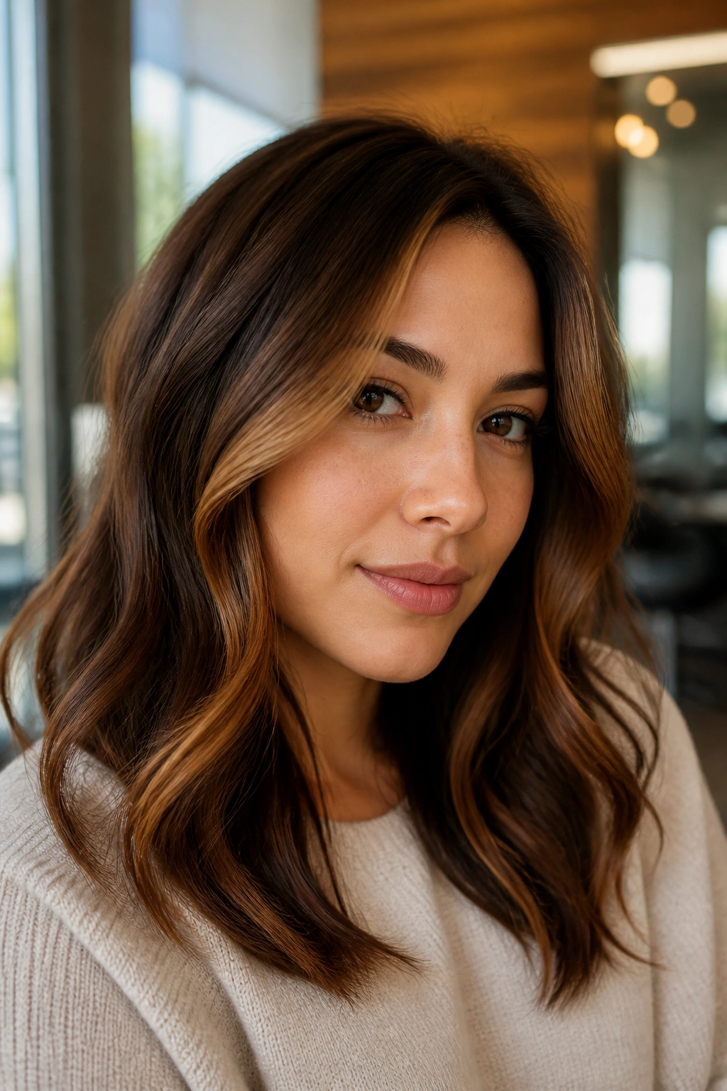 Close-up of a real woman's face showing chestnut face-framing ribbons around the cheeks