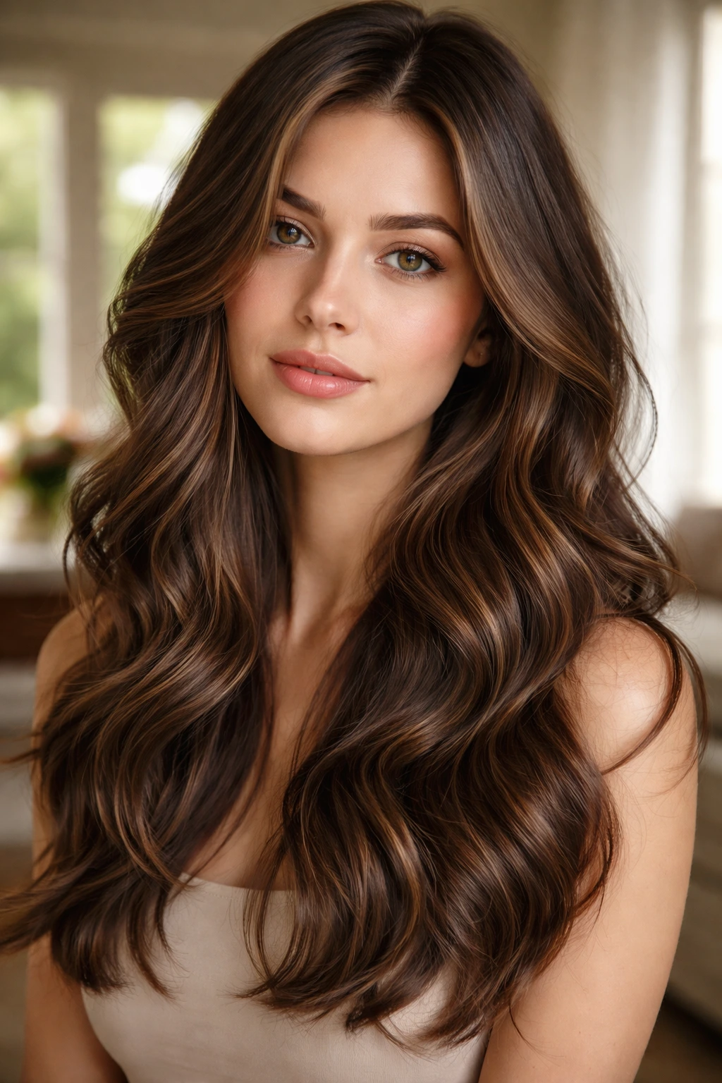 Close-up portrait of a real woman with Soft Chestnut Waves and Ash Lowlights
