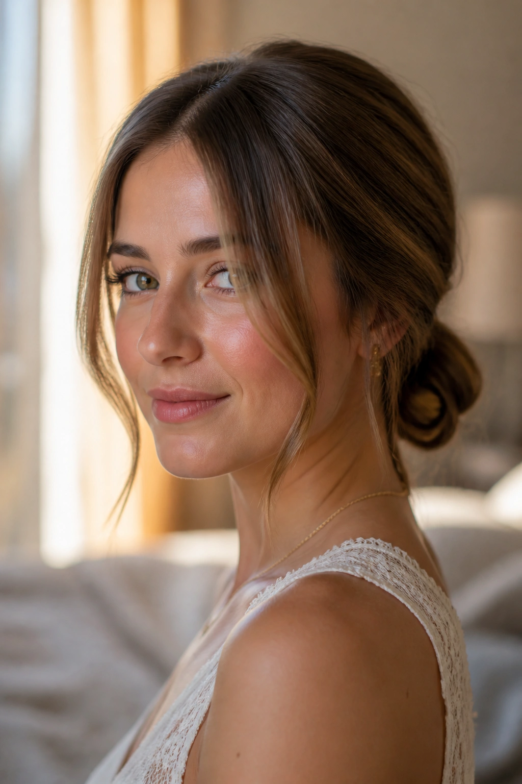 Close-up of a real woman with a soft low chignon and face-framing pieces.