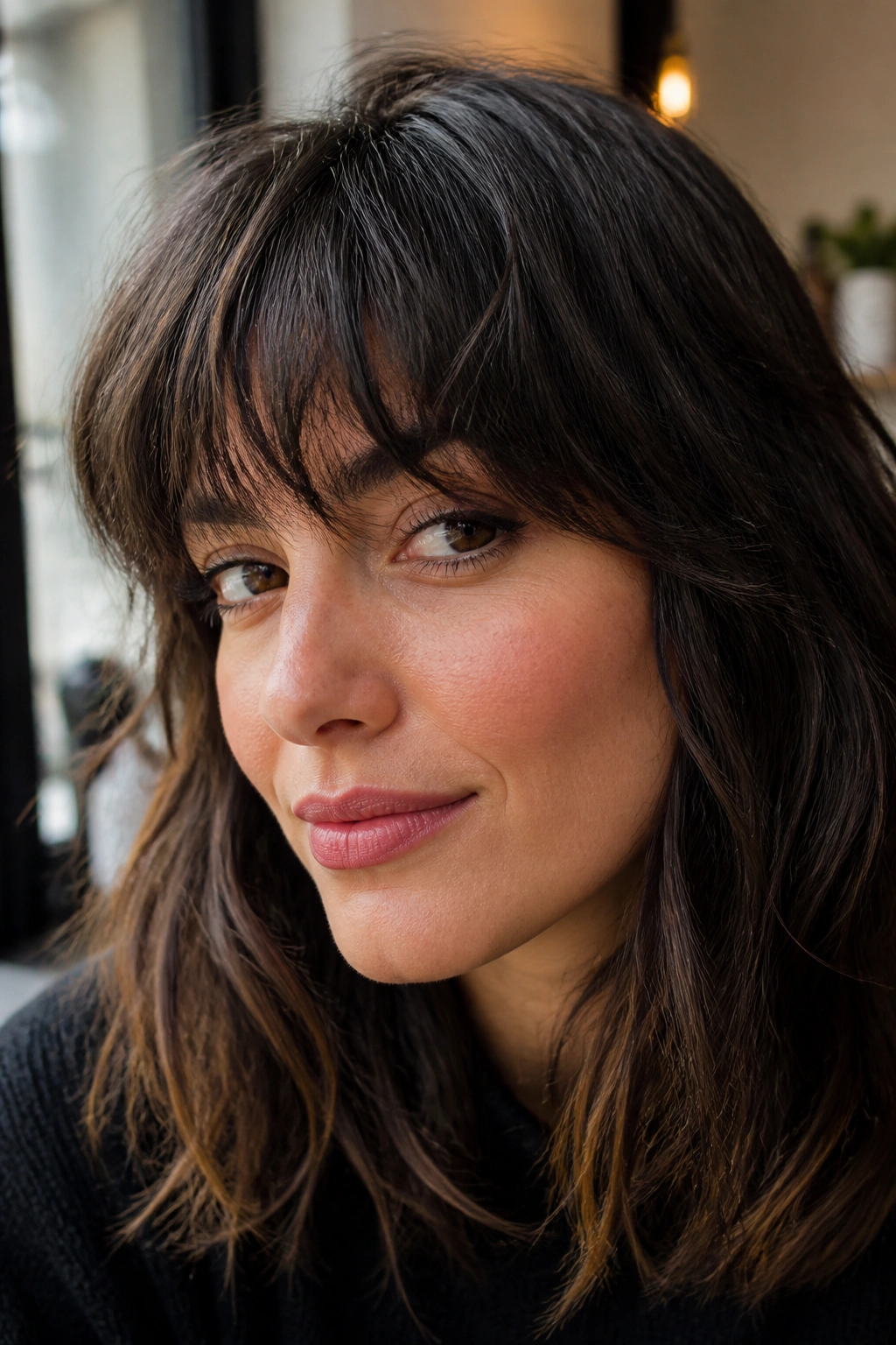 Close-up of a real woman with soft choppy bangs under bright natural light