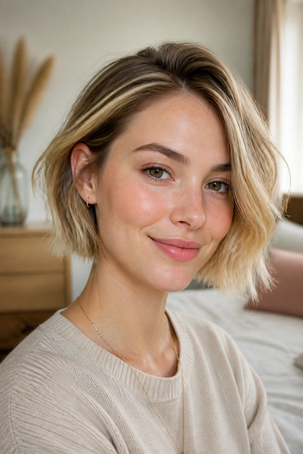 Close-up of a real woman wearing a soft choppy chin-length bob in warm window light