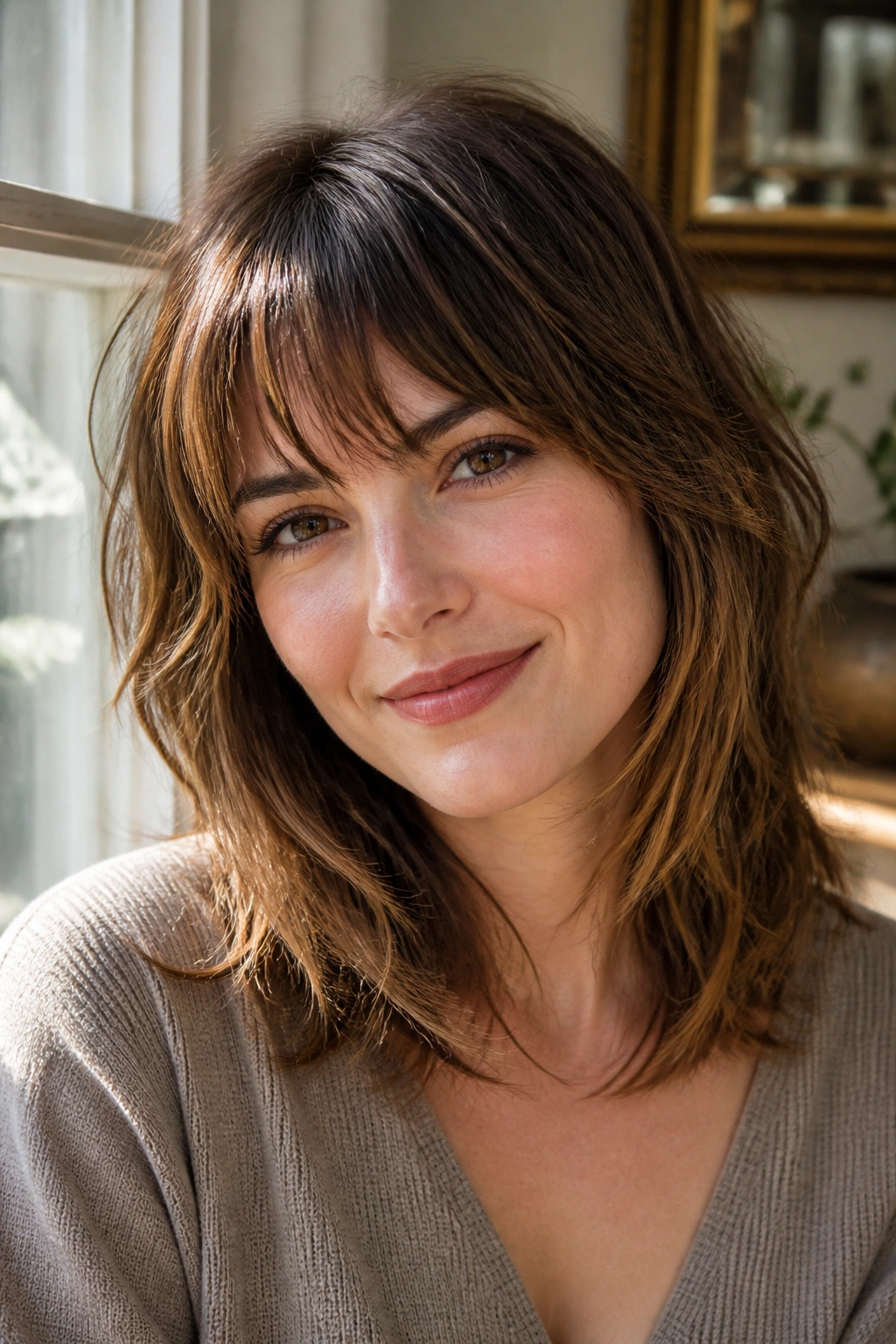 Close-up of a real woman with a soft choppy shag and wispy bangs.