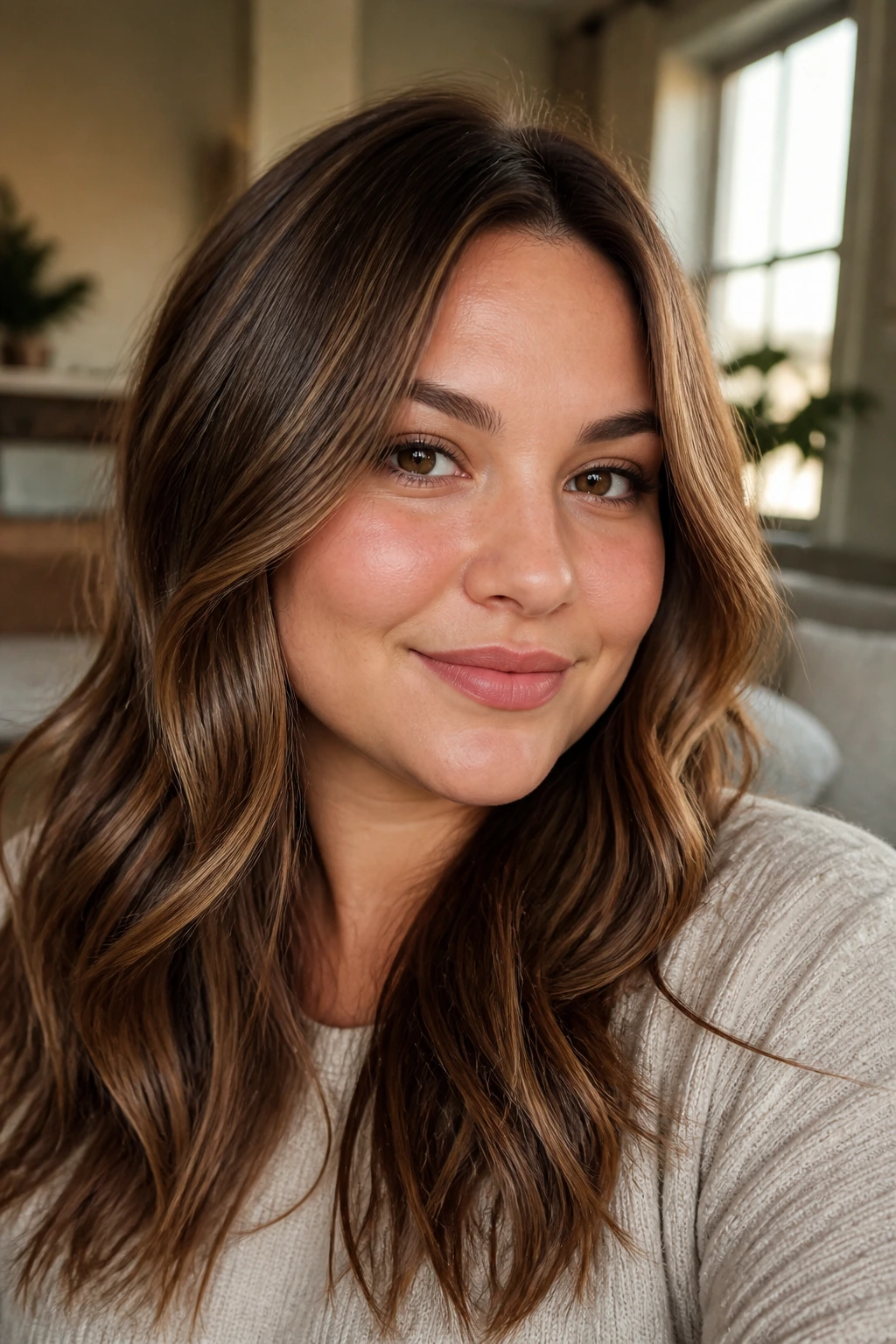 Close-up portrait of a real woman showing soft cinnamon babylights in warm chestnut hair