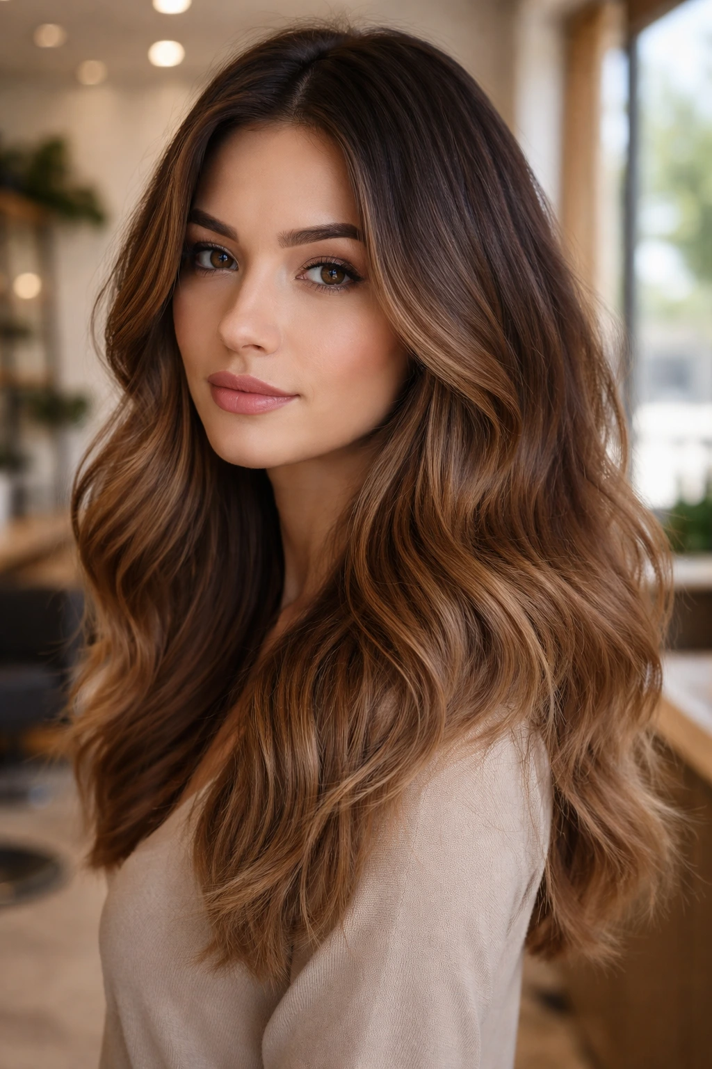 Real woman with soft cinnamon balayage and dark roots