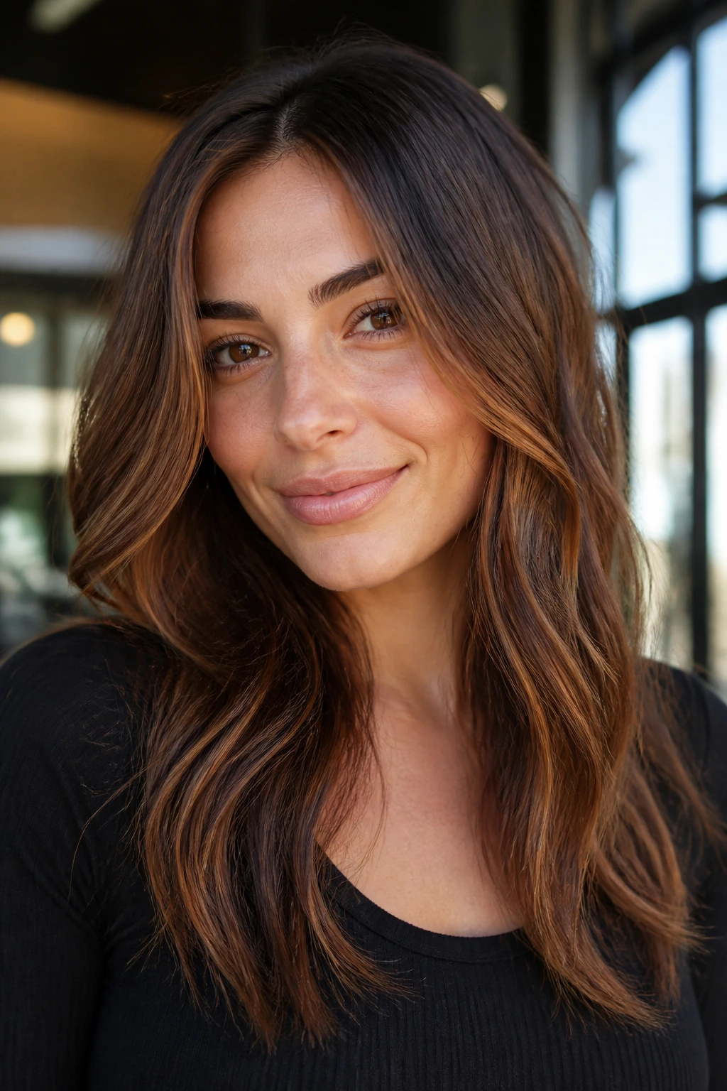 Close-up of a brunette with soft cinnamon ribbon balayage in warm salon light