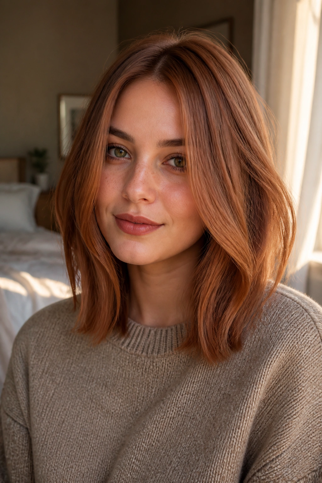 Close-up of a real woman with a soft cinnamon copper lob in warm natural light