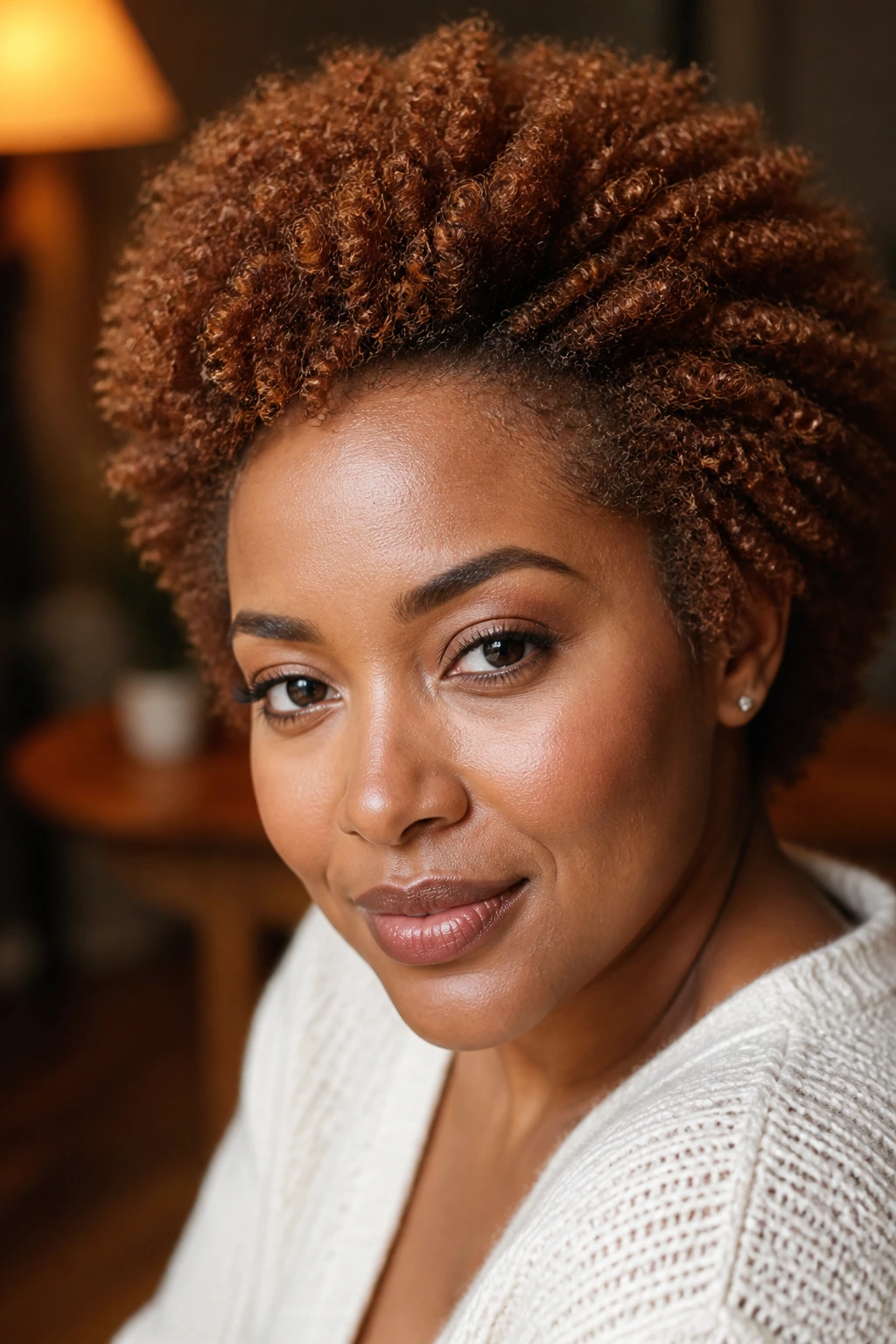 Close-up of a real person with warm cinnamon brown hair color.