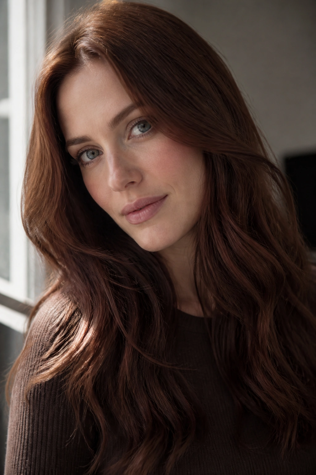 Close-up showing soft clove brown hair with subtle red undertones framing the face