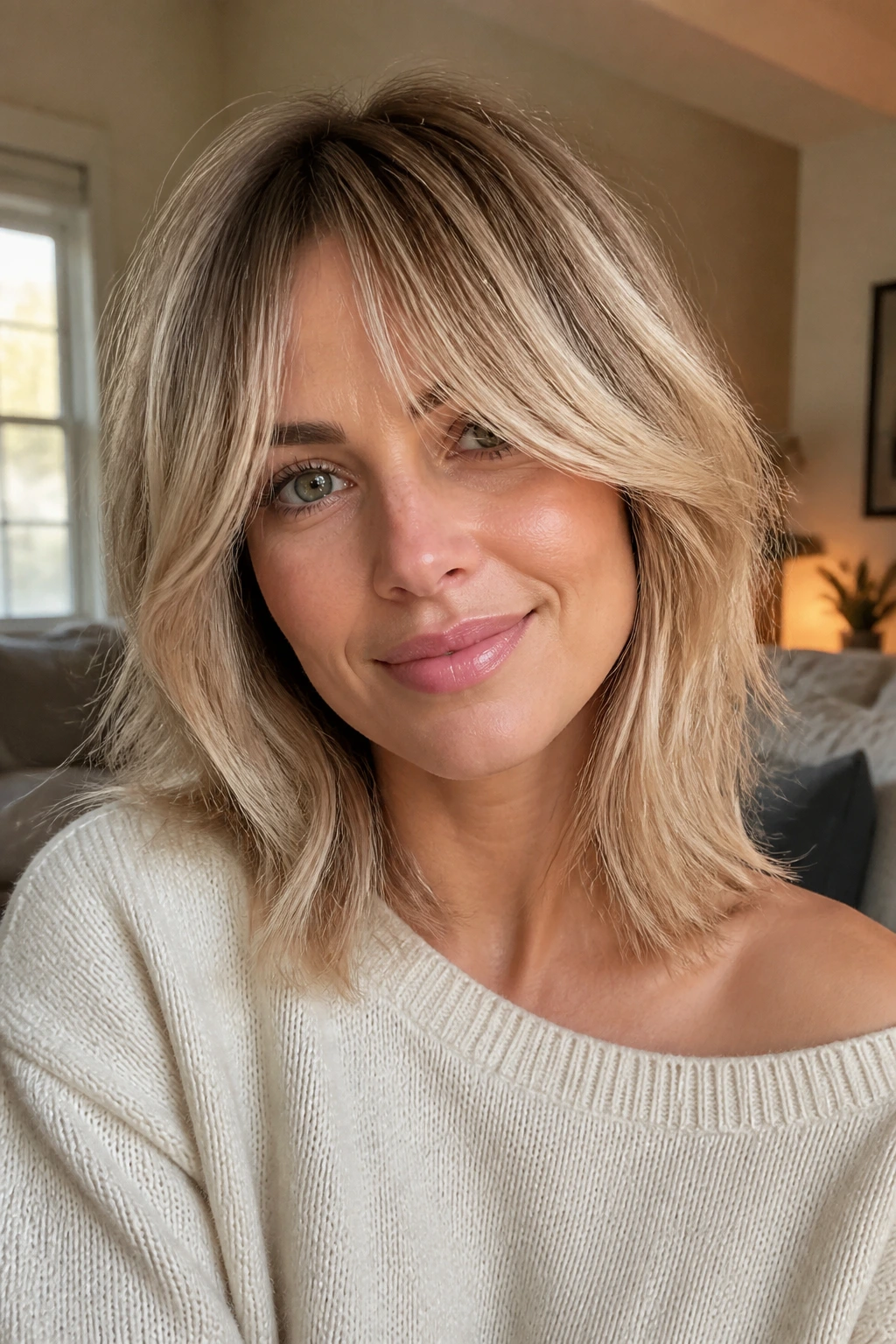 Close-up portrait of a real woman with soft collarbone blonde shag, movement and density