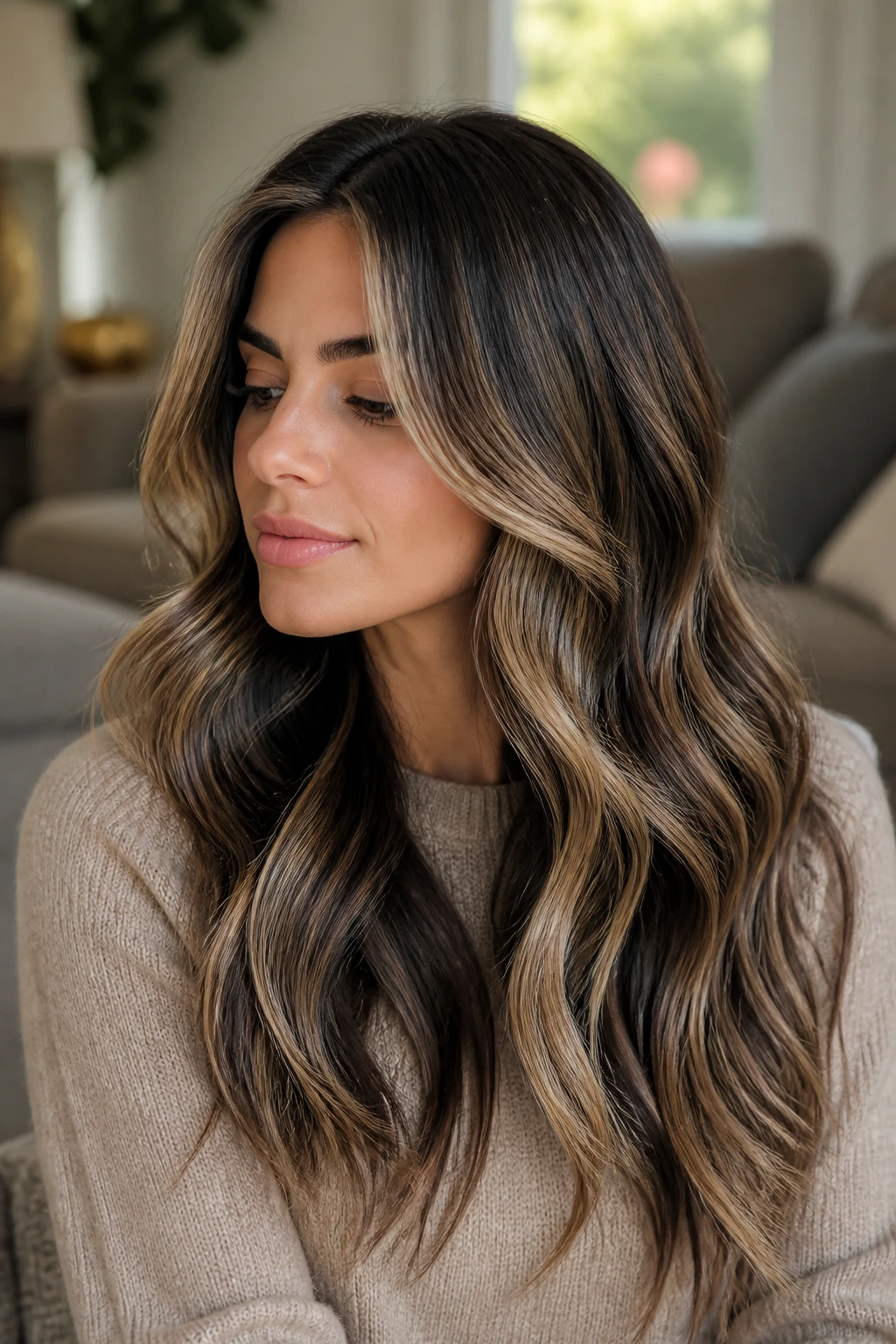 Close-up portrait of soft contour highlights with black lowlights in hair