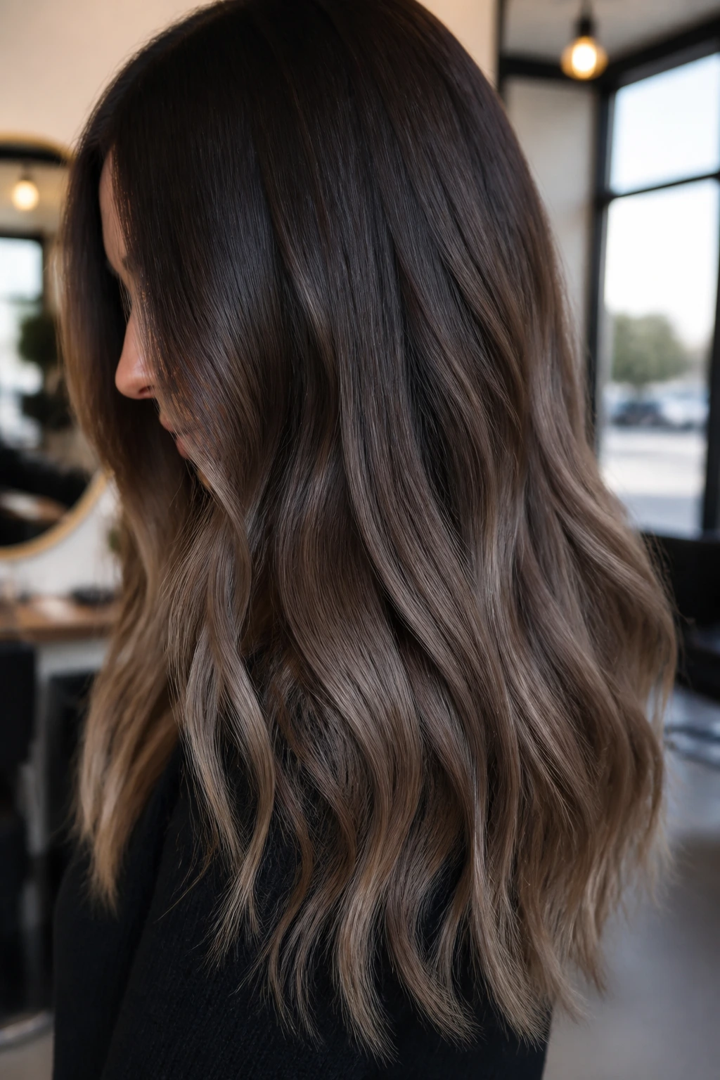 Close-up of brunette hair with seamless soft cool ombre melt from root to end
