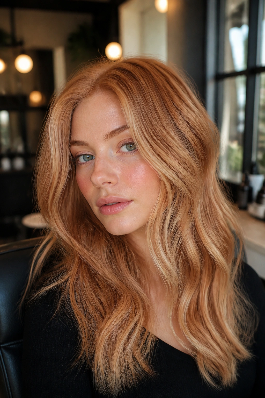 Close-up portrait of a real woman with soft copper strawberry blonde and beige highlights.