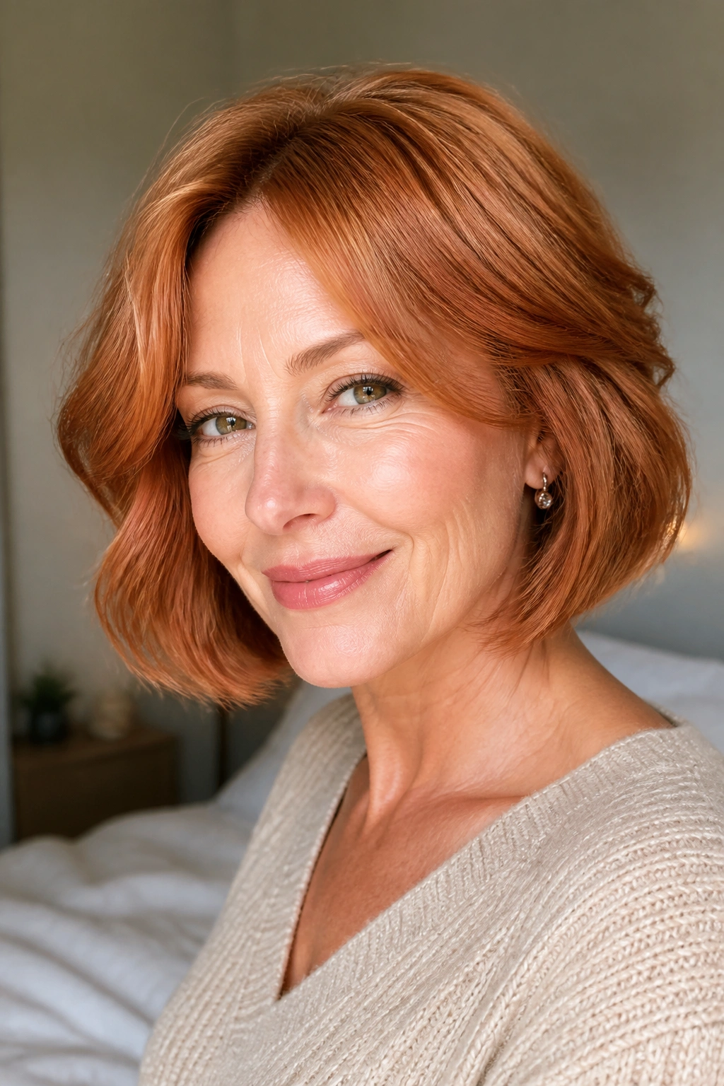 Close-up portrait of a real woman with a soft copper bob in natural window light