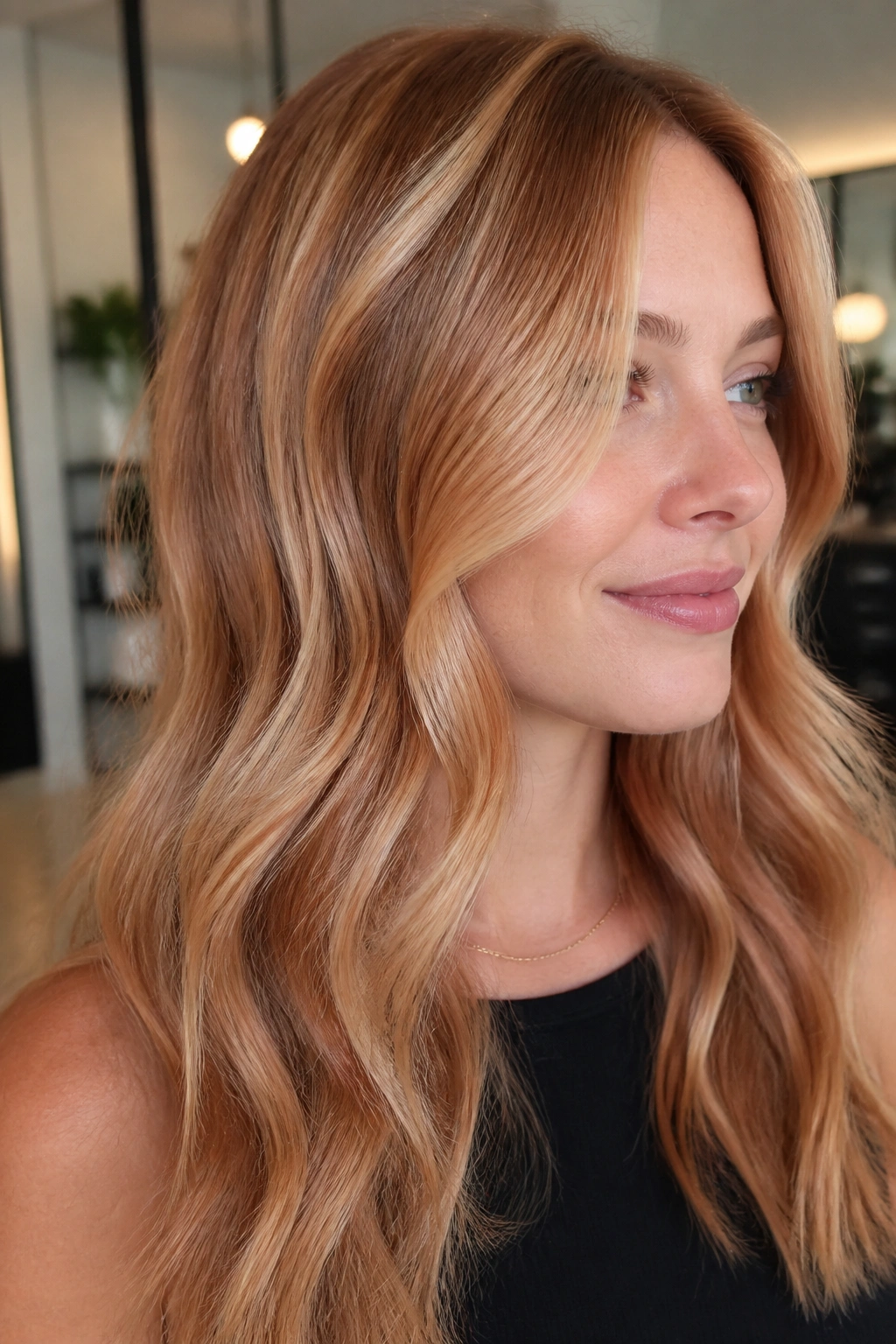 Close-up of a real woman with blonde hair featuring soft copper ribbon highlights around the face