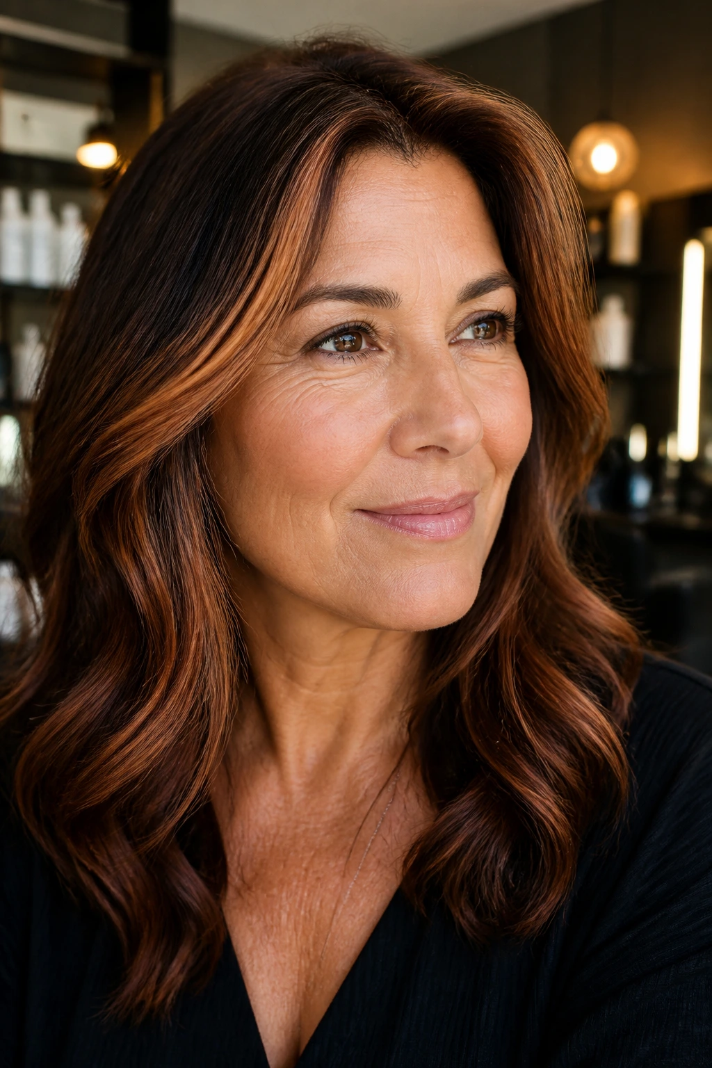 Close-up of a woman with soft copper highlights around the face for warm complexions