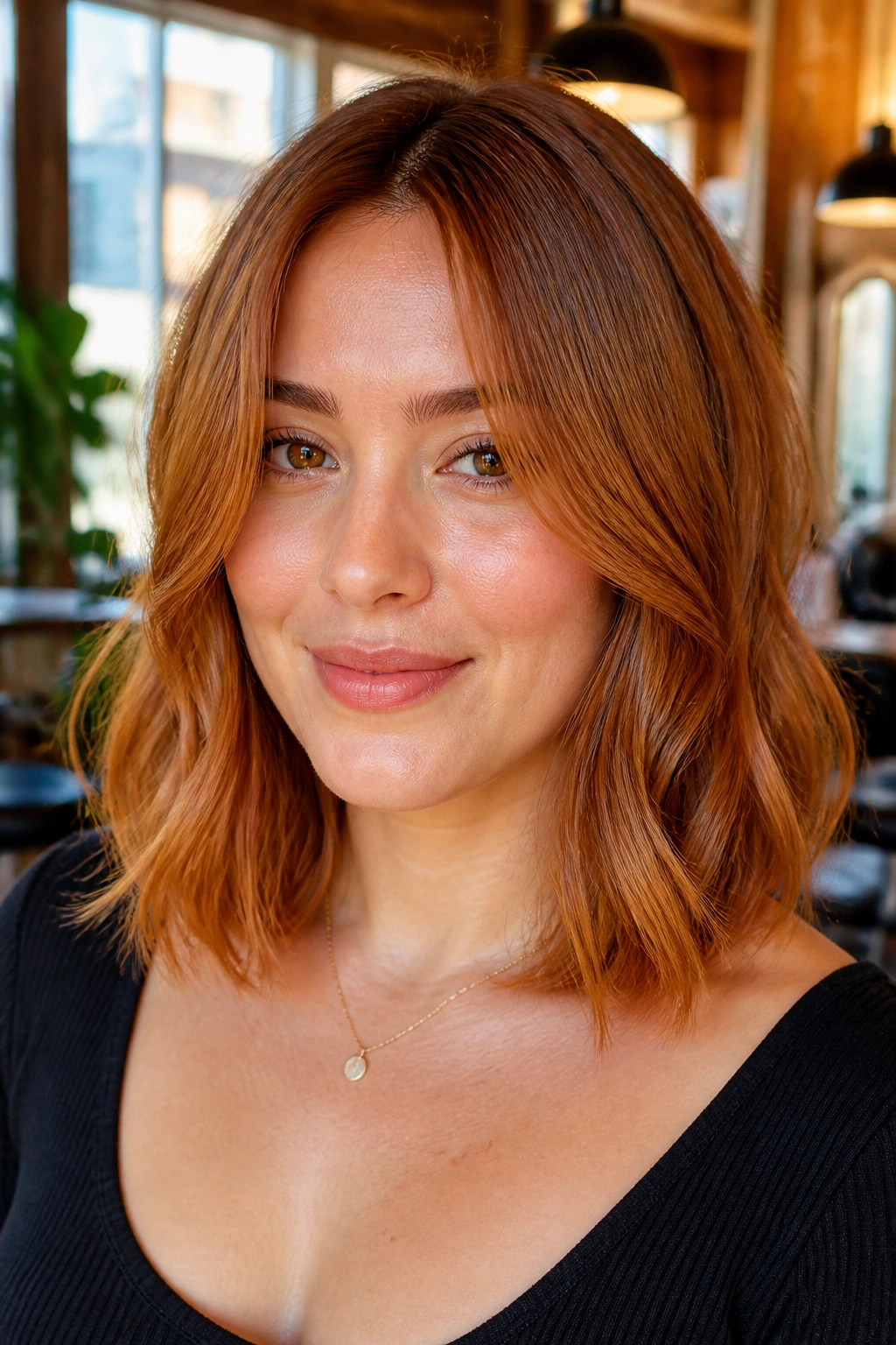 Close-up of a real woman with a soft copper lob and face-framing pieces in a sunlit salon